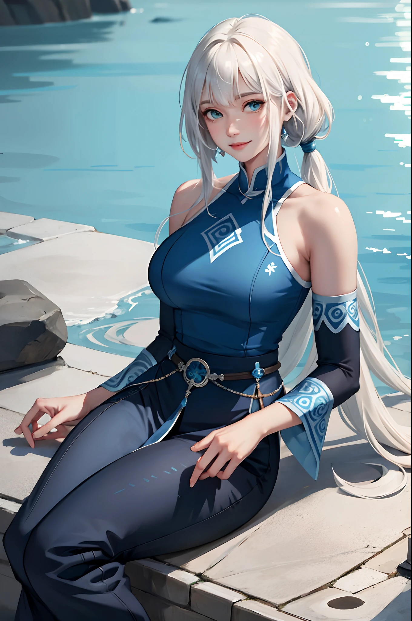 (masterpiece:1.2, best quality), (real picture, intricate details), 1lady, solo, upper body, sitting down, sitting, casual, long hair, minimal makeup, natural fabrics, close-up face, smile, smiling, really long light platinum blonde hair, really long hair, bangs, voluminous hair, green eyes, big breasts, big boobs, big tits, watertribe clothing, blue clothing, pants, top, water tribe pants, water tribe top, Korean bangs, cute bangs, mature face, 1adult, 1 female, 1 woman, (water tribe uniform), Waterbender, blue clothing, clothing with fur, waterbending (Avatar the Last Airbender)