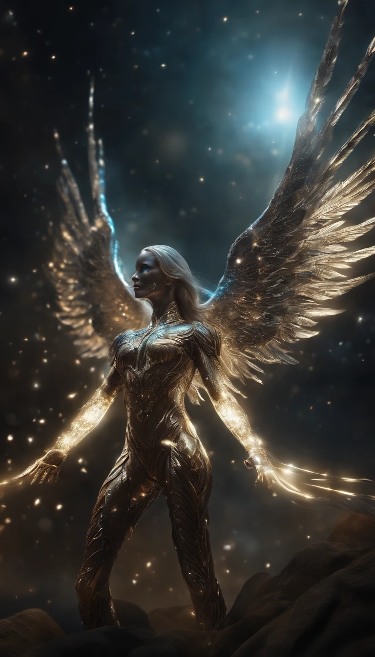 cosmic fallen angel, olhos claros brilhantes, Biomechanicals, estranho, assustador, Pesadelo, cores muito brilhantes, light particles, com luz brilhante, Mshiv, Arte do papel de parede, Papel de parede UHD