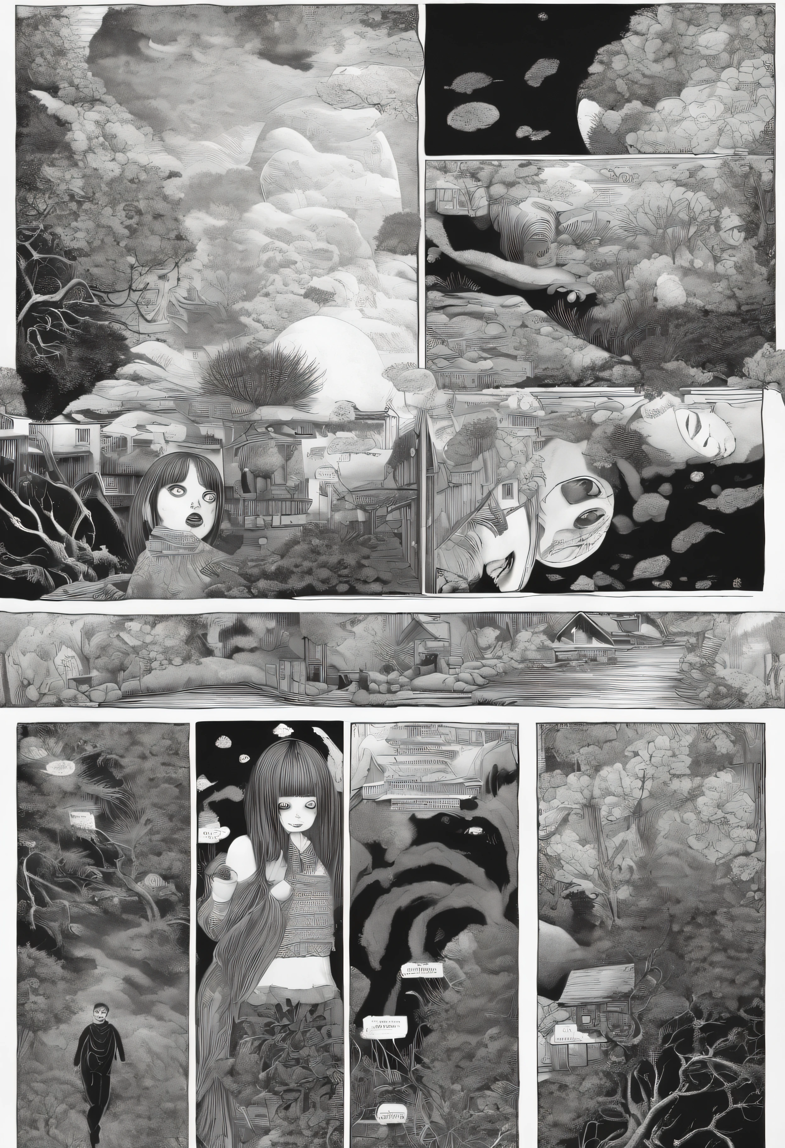 junji ito style, manga, black and white, one page manga style layout, no talking bubbles, yokai girl, grotesque, disgusting, terrifying, dynamic manga layout, horror