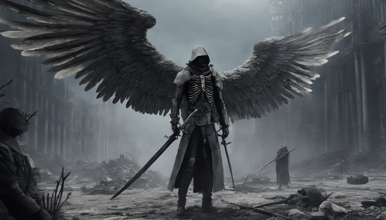 realistic, 4k, an angel + Skeleton king with intricate details, showcasing detailed info items and skill images with dynamic effects + with big wings, a sword, a hood over his head in the background image of a war (chaos)