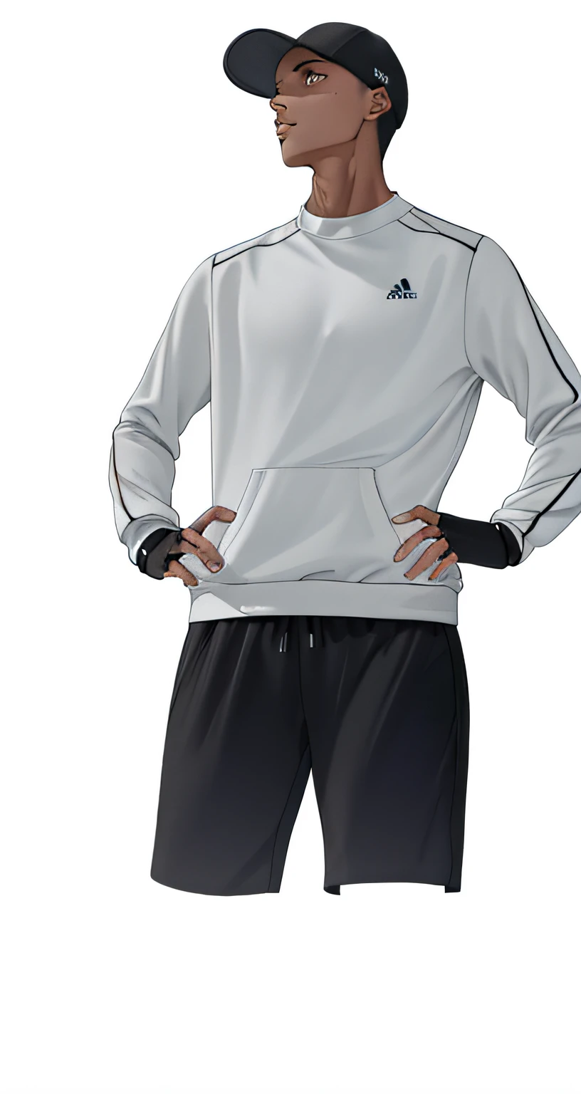 Wear a white sweatshirt and black shorts，Arad in a baseball cap, centered full body rear-shot, smooth white tight clothes suit, realistically rendered clothing, realistic dress, medium shot taken from behind, Homem em Tracksuit Adidas, White and black clothing, Sweat, Full body like，athletic sneakers