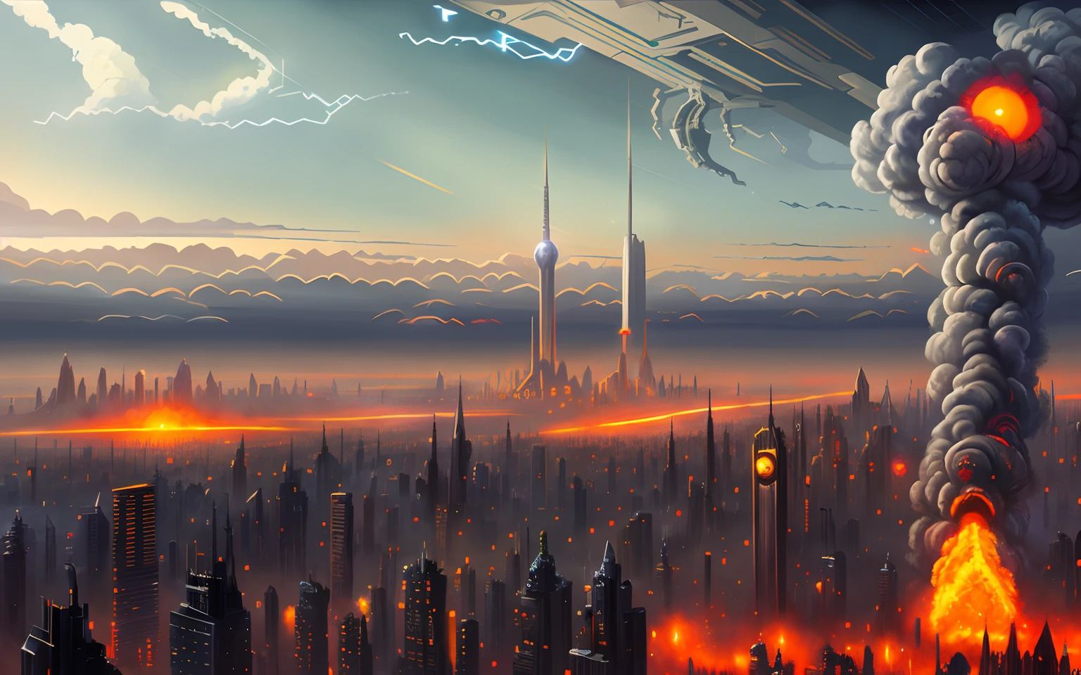 There's a painting of a city with a big bang coming out of it., En Fantasy Sci - Fi City, Epic sci-fi digital art, Backdrop of the futuristic city, science fiction city, Paisaje urbano futurista, Paisaje urbano futurista, apocalyptic future city, beautiful sci fi art, epic fantasy sci fi illustration, sci fi digital painting, science fiction city, stylized urban fantasy artwork