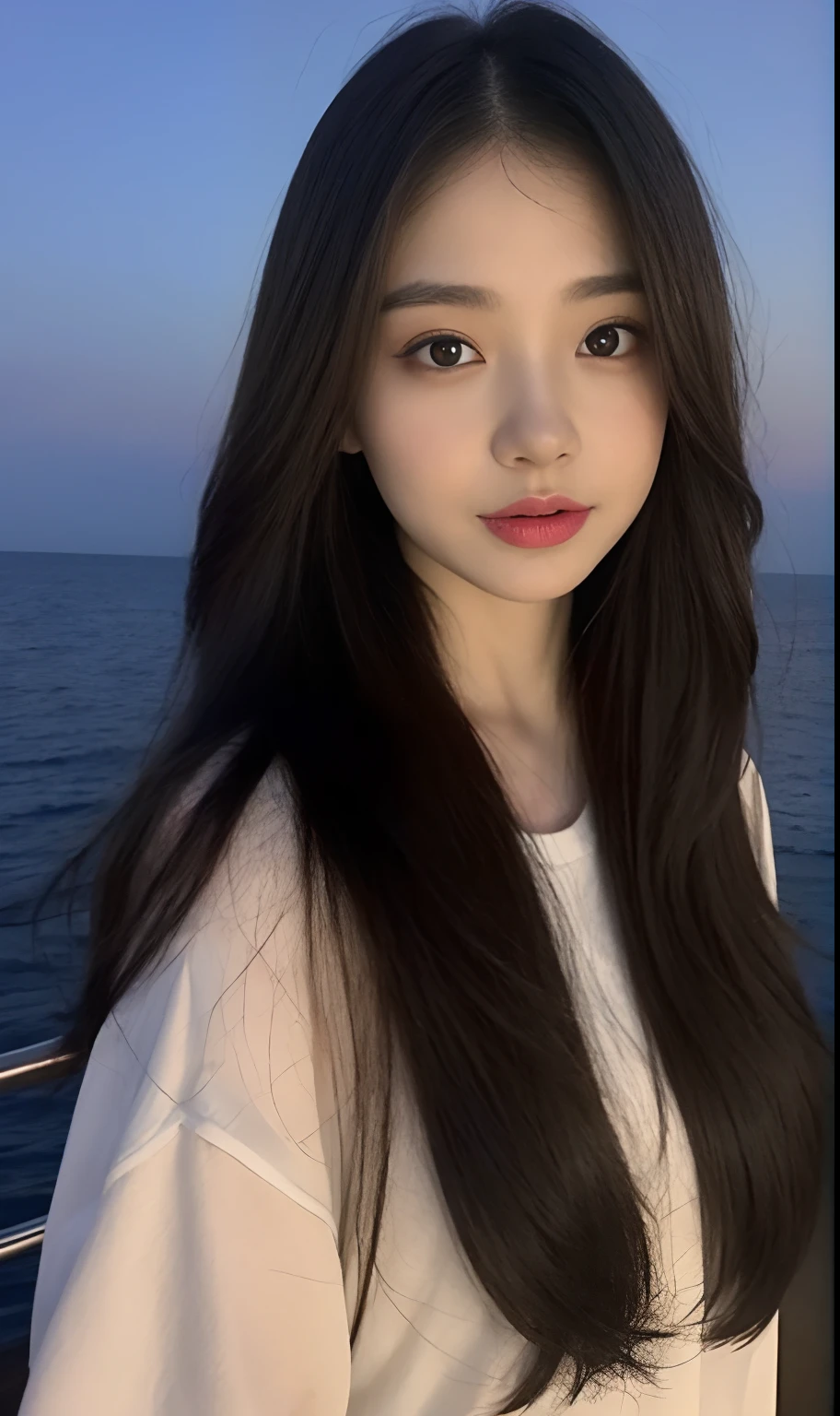 （Original photo of 8K，best qualtiy，tmasterpiece：1.2），（Medium view），the night，Night on a yacht，Sea and night view in the background，best qualtiy，tmasterpiece，（Small mouth：1.2），short- sleeved，short- sleeved，short- sleeved，short- sleeved，an extremely delicate and beautiful one，，astounding，finely detailled，tmasterpiece，Best quality at best，（age 22：1.2），Narrow waist，Slim，is shy，Pure，adolable，Bushy hair，Soft hair，big breasts beautiful，A detailed eye，（long whitr hair：1.2）