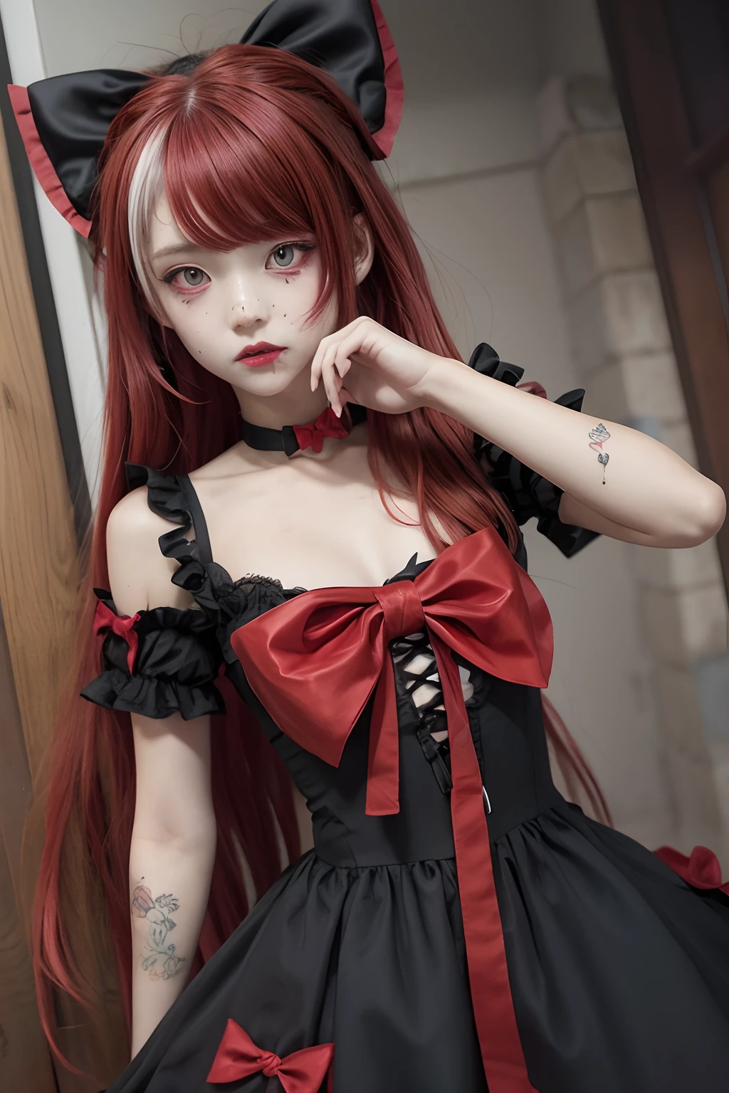 (best quality, masterpiece), 1girl, red hair, medium chest, pantyshot, gothic frill dress, pervert face, skirt lift, show panties,