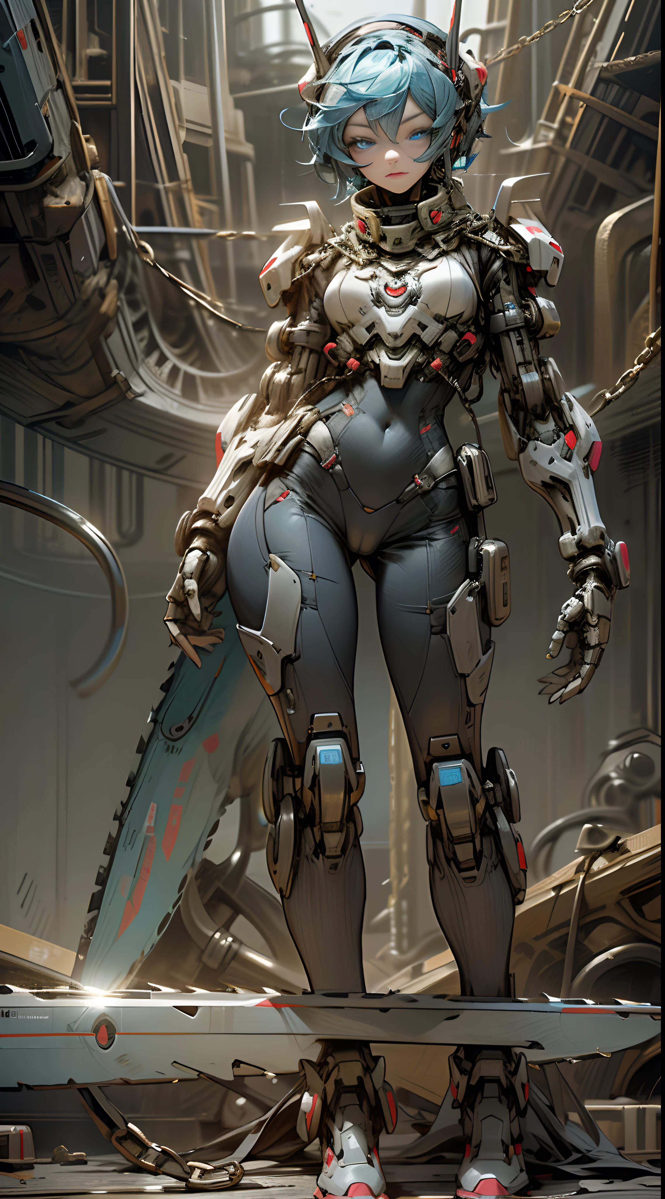 Dark_Fantasy,female,Cyberpunk,(chain saw,chain saw man,blue:1.1),1 girl,Mechanical marvel,Robotic presence,Cybernetic guardian, blue eyes, extremely detailed face, full body, cameltoe