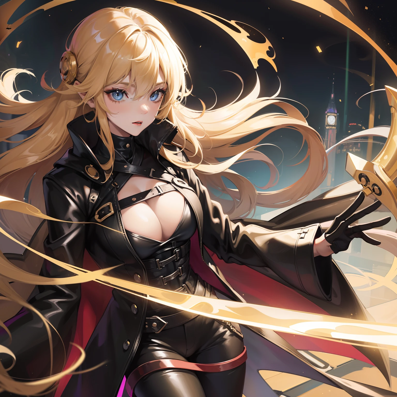 super high image, super detail, super high resolution, portrait, beautiful and stylish light blonde hair woman, wearing a mask, black leather long coat no shirt, black leather slim pants, black engineer boots, grim reaper's scythe, holofilm, translucent, iridescent, background fantasy, galaxy, magic circle, kaleidoscope, give off rainbow and gold neon light many lines radially from floor and ceiling, professional lighting