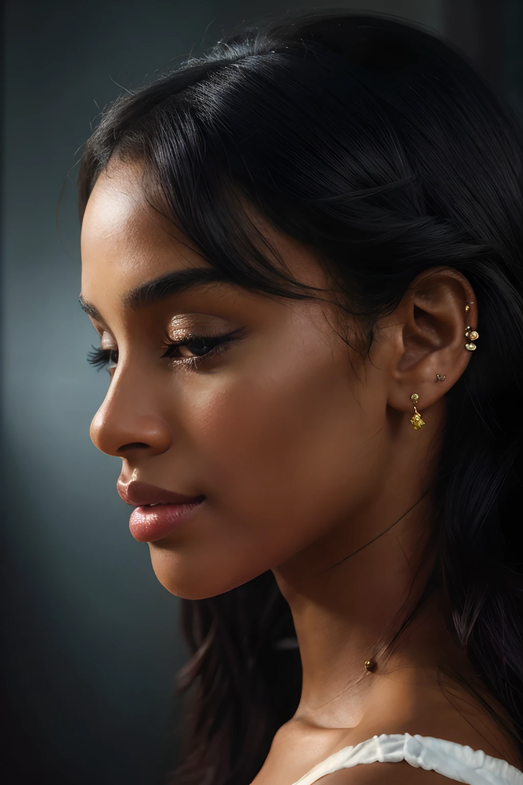 solo , close-up picture, film quality, dark skinned woman in profile, behind her in background is blue velvet drapery, (highest quality fabric velvet texture), blue drapery flowing background, her long dark hair behind her ear, Fine facial features, Masterpiece – Masterpiece ○○ quality – ○○ quality best quality(Highest Quality) , solo female, High quality (hiquality) etc ○○ detailed – ○○ details ultra detailed(Ultra-fine ), Photorealistic, Extremely detailed(Extremely detailed) , Finely detailed(Fine-grained), (highest detail skin texture peachfuzz earlobe realistic) etc ○○ res – ○○ resolution ultra high res(A high resolution) , very high texture res(light resolution), Realistic – Realistic Photorealistic – photorealistic beautiful – beautiful 4k , 8K, ancient sexuality, close and intimate, she's in profile,