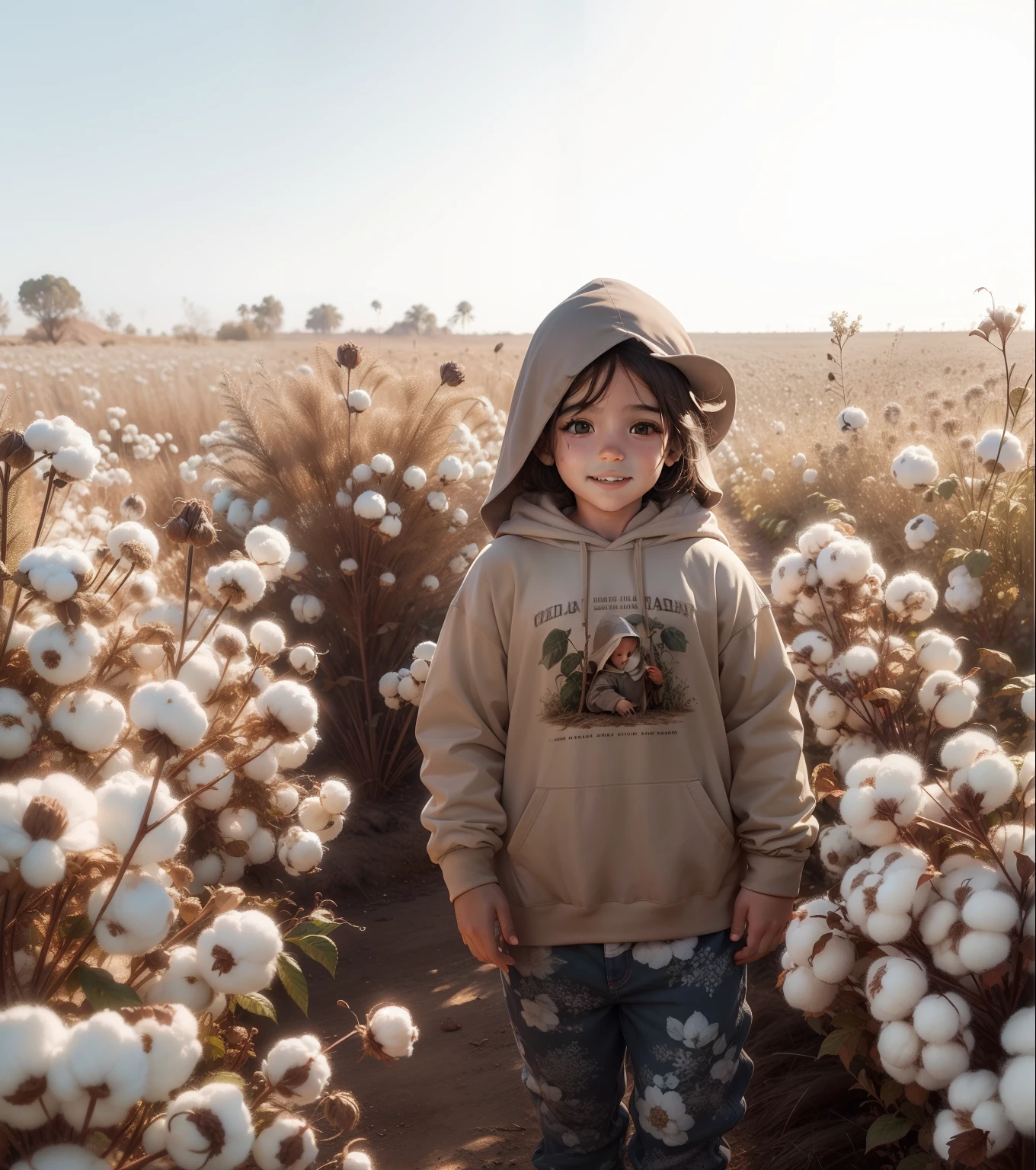 Retrato cuerpo entero, cuerpo completo, 8 k resolution, 32k resolution, cinematic lighting, La mejor calidad, cotton plants, 4 year old, parado, usando sudadera, puesto la capucha de la sudadera,sonriendo.