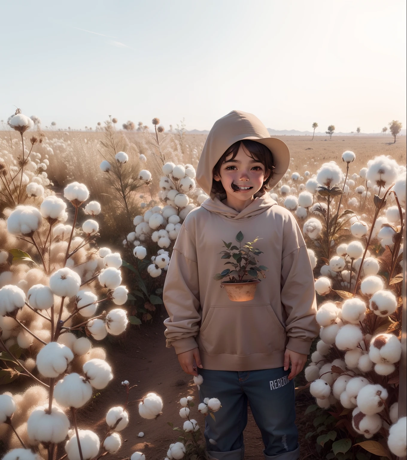 Retrato cuerpo entero, cuerpo completo, 8 k resolution, 32k resolution, cinematic lighting, La mejor calidad, cotton plants, 4 year old, parado, usando sudadera, puesto la capucha de la sudadera,sonriendo.