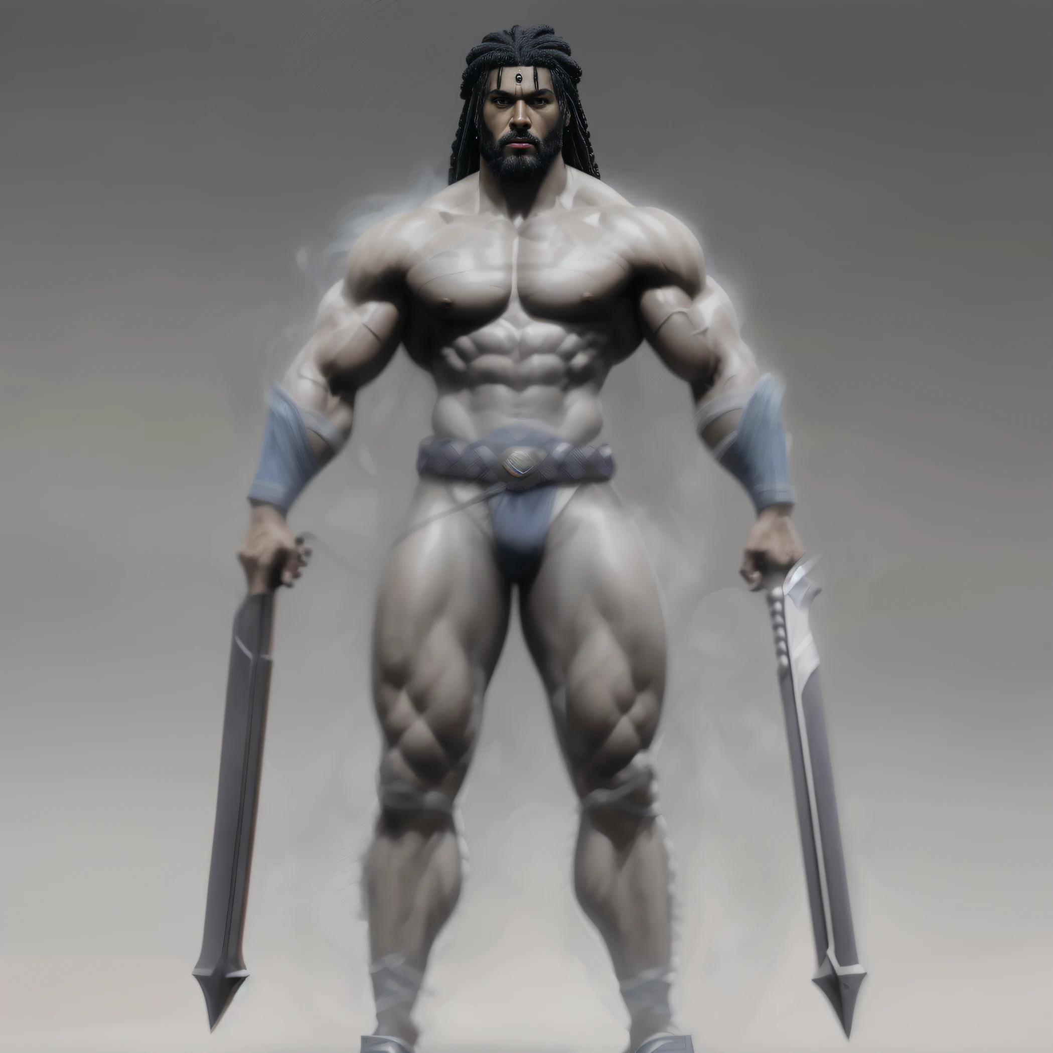A full-length portrait, a man who is dark bronze skinned muloto dracvidain rastafarian hybrid as conan barbarian, geronimo apache hybrid ninja, adorning the jeweled belt buckle a huge blue diamaond illuminated, ripped hero, a superhuman with extraordinary strength and immense power. Focus on sculpting a figure with finely defined and chiseled muscles, showcasing the pinnacle of physical prowess. long beard, long crook blade staff enfluenced by shepherds crook staff in his hand that is longer than his body, dreadlock hair, dravidian rastafarian half breed, cryptoShepherd as barbarian, conan, picture of an adult male warrior, male warrior, egyptian samuri warrior, male barbarian, barbarian warrior, barbarian, tarzan, hybrid from dynasty warriror, barbarian class, cloaked upper body, ancient crook staff in hand, "In the annals of time, a muloto dravidian egyptian samuri dreadlocked warrior of immense strength stands out, draped in ornate gold attire that reflects his status as a true champion. Describe his untamed, wet appearance after a fierce clash, his wild long hair, his unmistakably furious expression, and the aura of heroism that surrounds his commanding stance."trend at CGSociety, Intricate, High Detail, Sharp Focus, Dramatic and Photorealistic Painting Art by Midjourney and Greg Rutkowski as he she Emphasize the character's larger-than-life presence and their ability to perform feats beyond ordinary human capabilities. This artwork should capture the essence of raw, unstoppable power and the aesthetic beauty of a supremely muscular physique. the face expressions are predominant, the intent is to display the likeness, personality, and even the mood, Madame Tusssaud influenced replica, isometric, manga pen concept art converted to PIXI DOT of ARTSTATION influenced blender 3D model using photo realism as template and having a granular evolution to pure graphics, dreadlocks influenced by Tomas Sackmann of ARTSTATION, in neo-futurism, 35mm film camera photorealistic