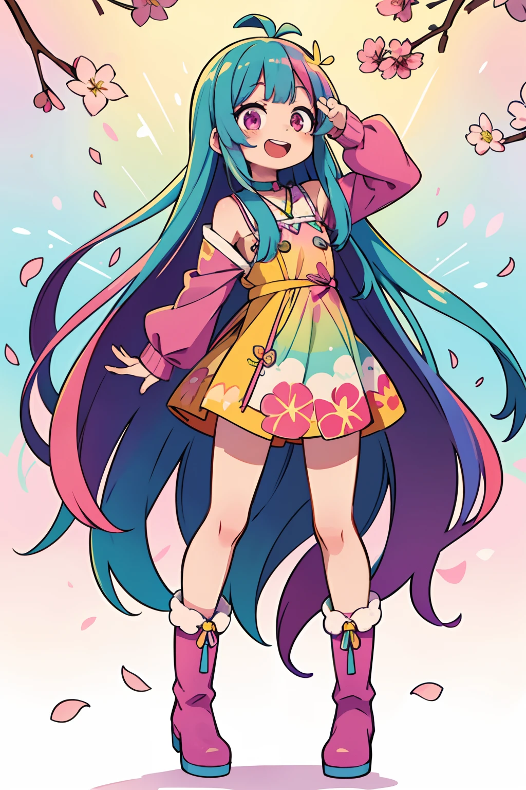 Stand in front of the photo、1girl in,Full body、Long hair-, rainbow color Hair,long boots,Open mouth and big smile、kawaii pose、Flowing iridescent silk、up of face、Eye Up、Colorcon with heart pattern、Floral dress、There are flowers even in front of you、Cherry blossom petals、season!!: springtime☀ 🍂