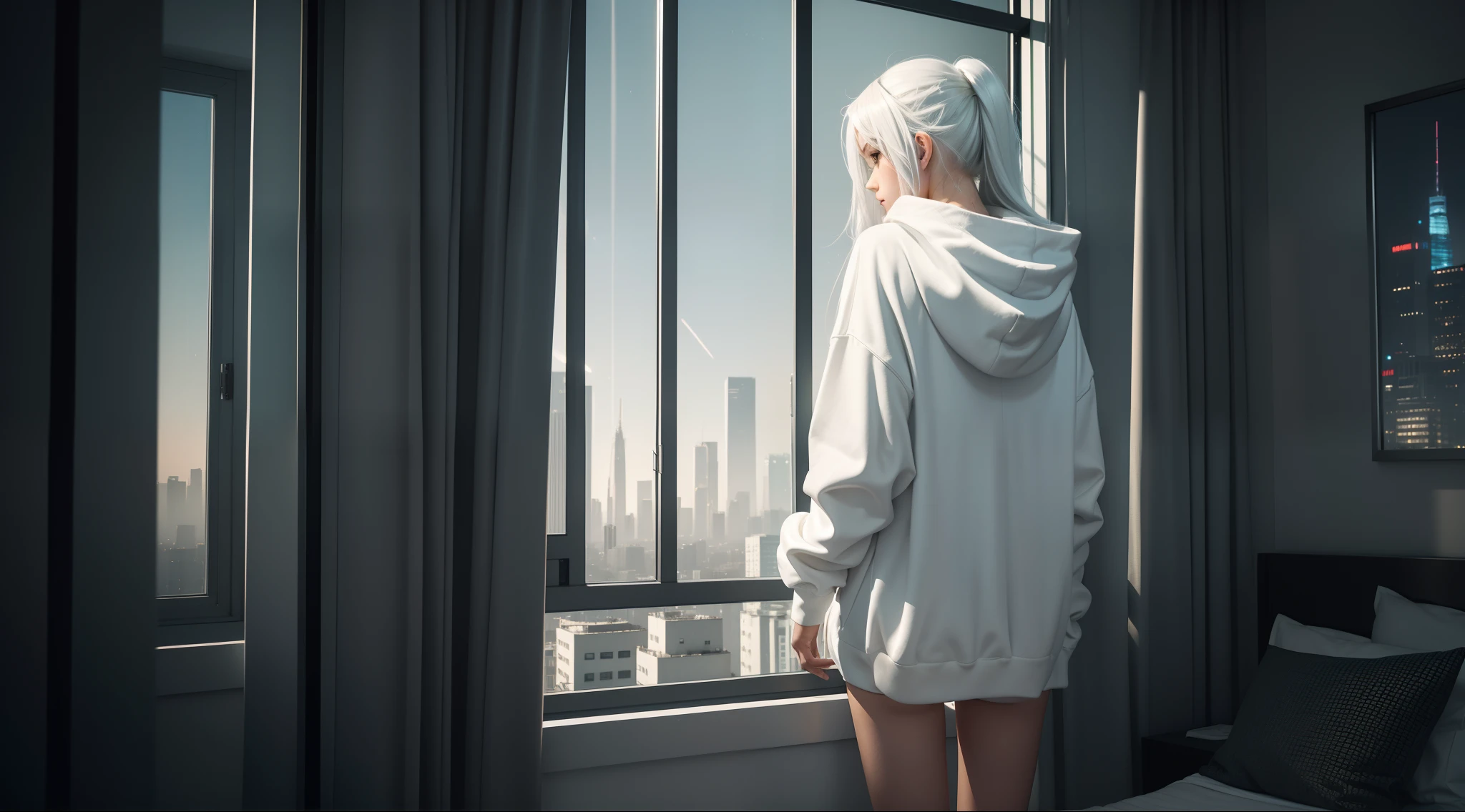Generate an image depicting a girl seen from behind, standing by the window in her bedroom, gazing out at a cityscape. She is wearing a white hoodie and white panties. The girl has long white hair flowing down her back. The image has an ambiance that is subtly influenced by the urban style, Capture the essence of a futuristic city outside the window, with amber lights illuminating the urban landscape. Emphasize the contrast between the serenity of the girl in her pajamas and the vibrant, slightly dystopian atmosphere of the city. Let the image convey a sense of wonder, mystery, and a touch of futuristic aesthetics, high quality, girl is looking over her shoulder