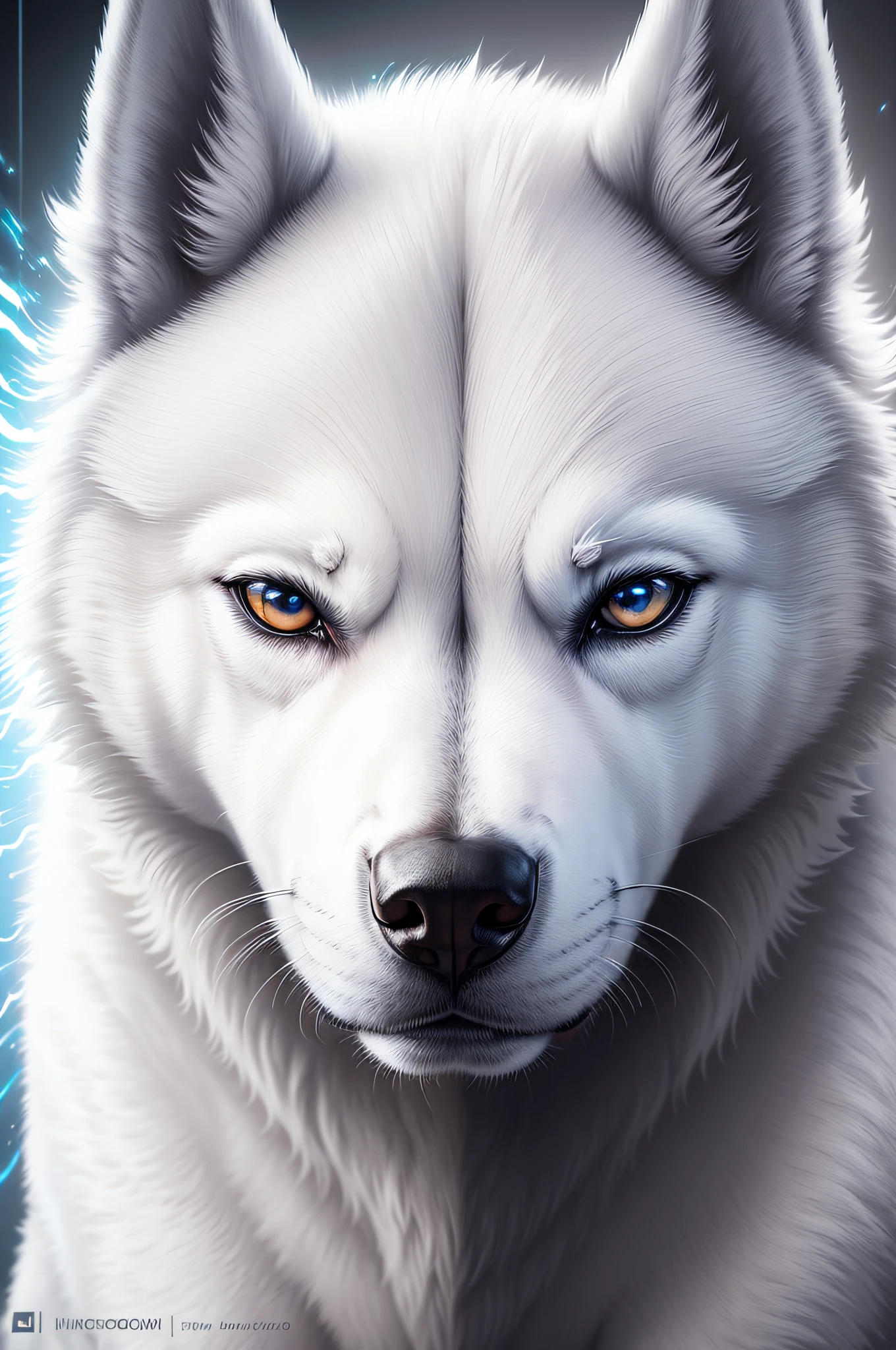 a photo of a white husky dog on black, in the style of bold chromaticity, hyper-realistic sci-fi, nikon af600, light blue, dynamic and exaggerated facial expressions, zeiss batis 18mm f/2.8, thick texture