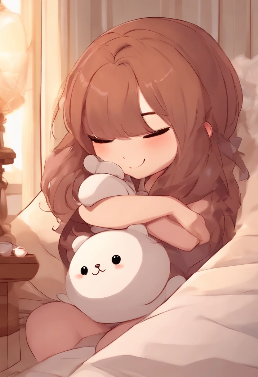 Girl, cute, pretty, little chibi, kawaii anime (Female), masterpiece (2d quality) hugging a pillow