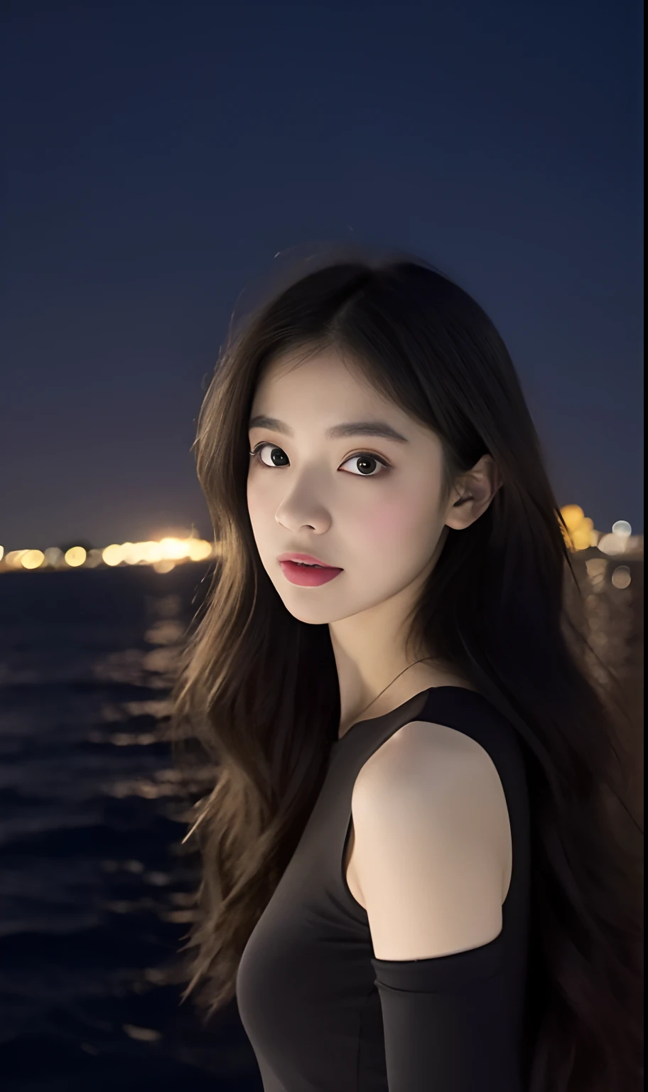 Realistic photos of (1 cute Korean star) medium hair, thin makeup, 32 inch breasts size, wearing pink tank top on the stone bridge, night, moonlight is backdrop,, close-up portrait, UHD