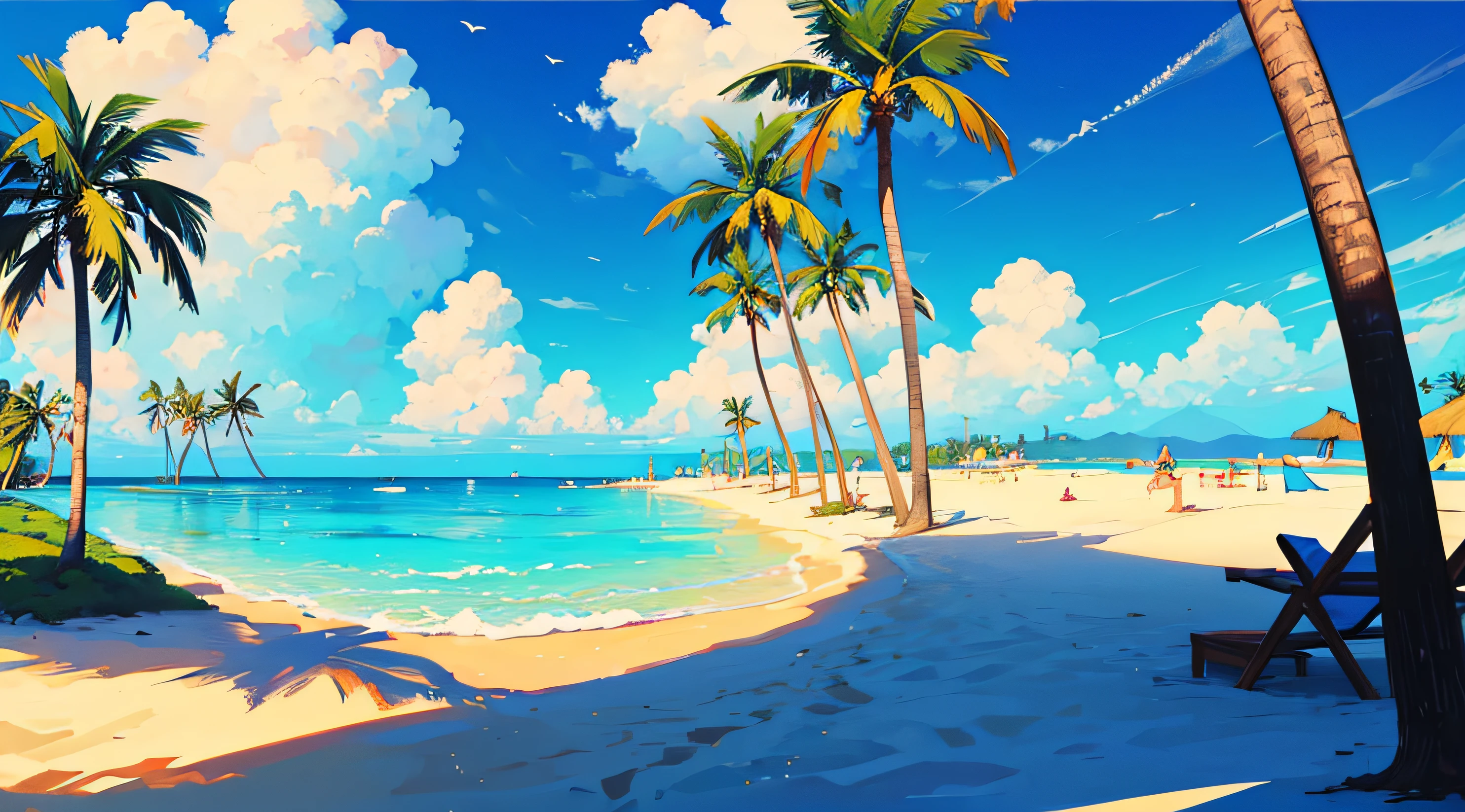((Best Quality, 8K, Masterpiece: 1.3)), A pristine beach with turquoise waters and palm trees, inviting travelers to relax in a tropical paradise.