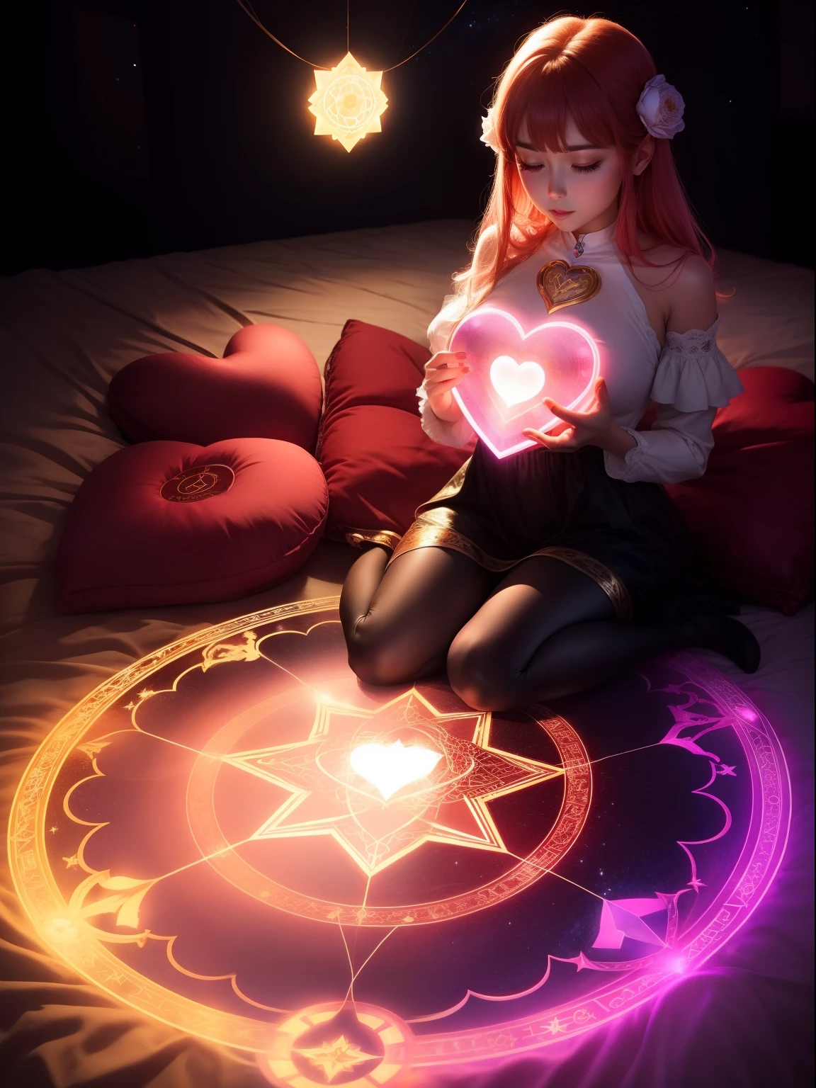 A glowing heart-shaped magic circle、1womanl、kosmos、Heart-shaped magic circle location々star symbol