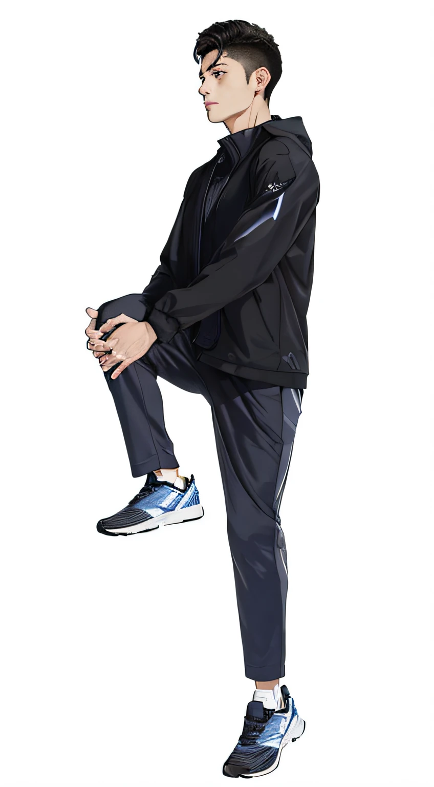 A man in a black jacket and blue pants stands, Homem em Tracksuit Adidas, trending on r/techwear outfit, man standing in defensive pose, full body full height, Full body picture, advertisement picture, full body shot shot, modern casual clothing, full body portrait shot, dressed with long fluent clothes, full body photo of steve