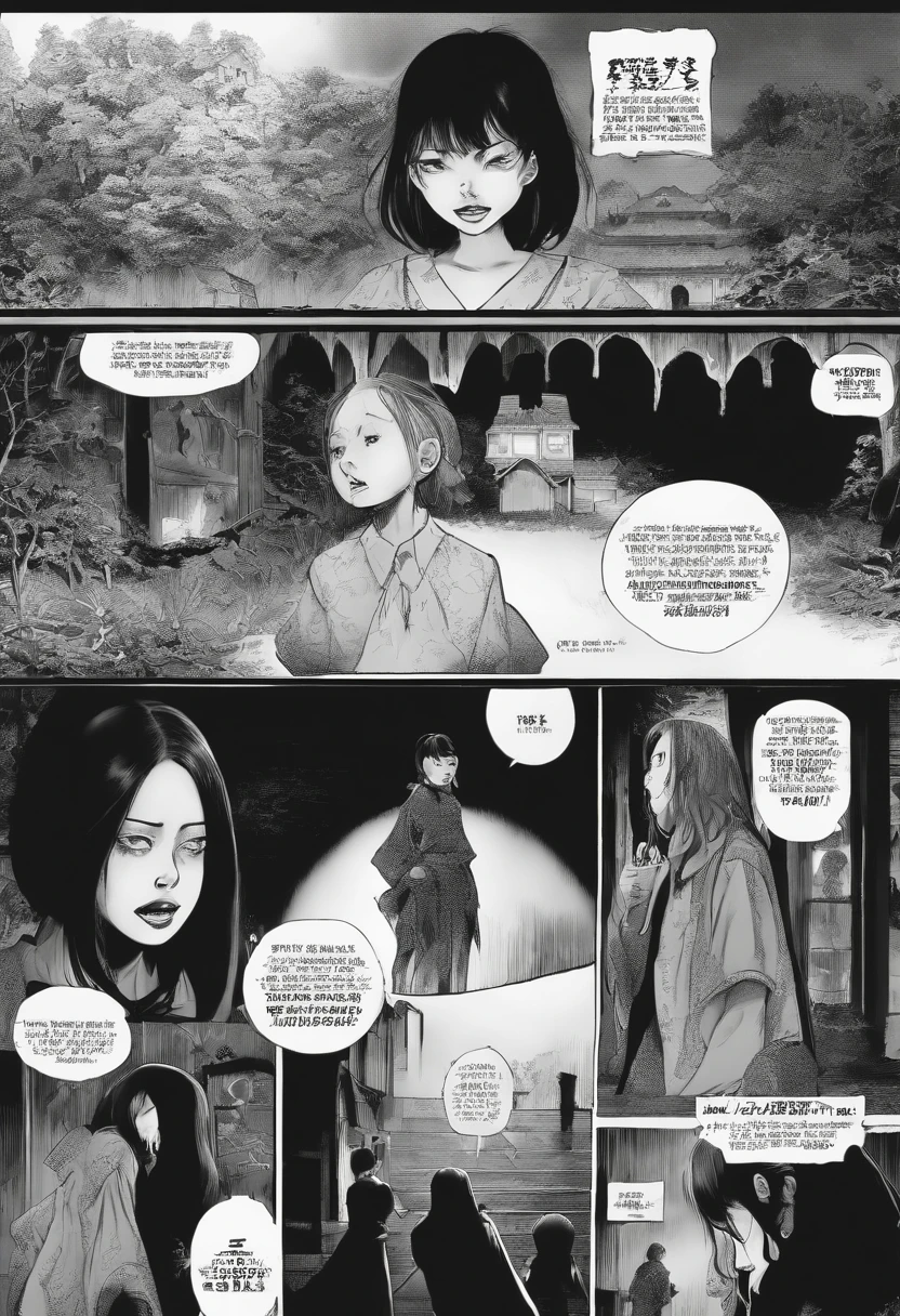 kanako inuki style, horror manga, black and white, one page manga style layout, no talking bubbles, yokai girl, screaming gils, grotesque, disgusting, bloody, terrifying, dynamic manga layout, horror