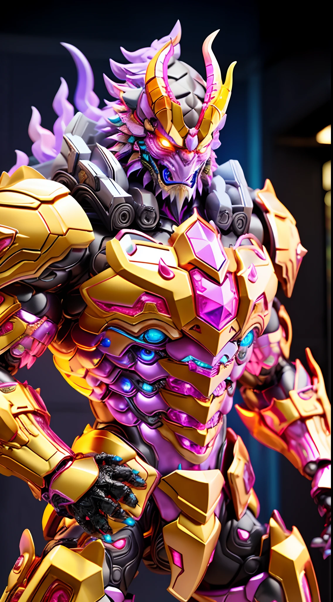 DRAGON KING, RAINBOW COLORED, HETEROCHROMIA EYE, CRYSTAL HEAVY ARMOR, TRANSPARANT, MUSCLE BODY.