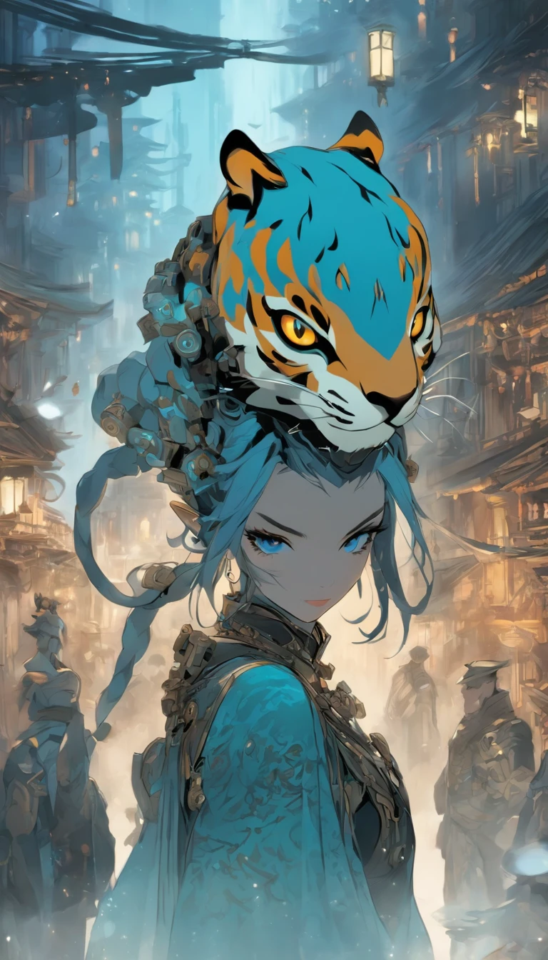 Chinese ink style,Steampunk world,Tiger-shaped steampunk warframe girl,Jet steam is suspended in the city air,Ink animation art,Ink comic art,water ink,ink,Smudge,8K,Delicately portrayed,Works of masters,blue tint