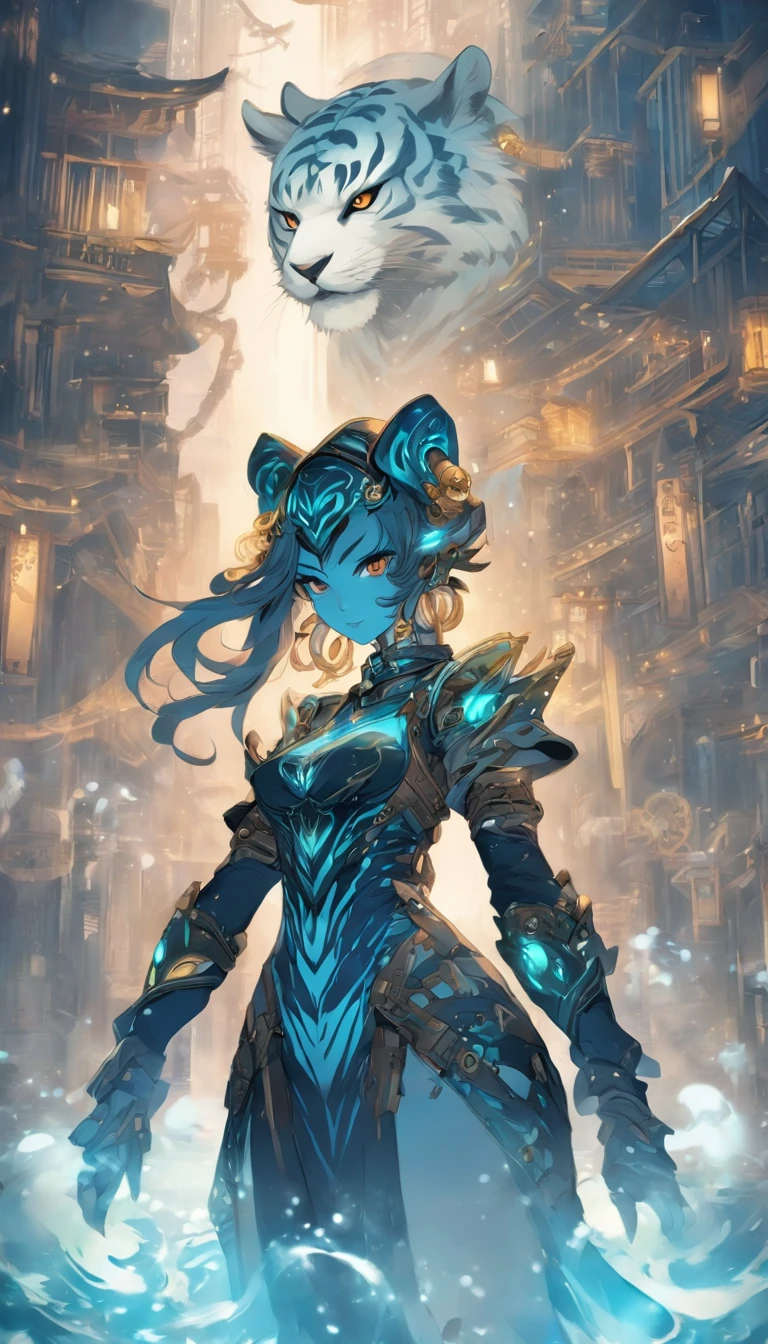Chinese ink style,Steampunk world,Tiger-shaped steampunk warframe girl,Jet steam is suspended in the city air,Ink animation art,Ink comic art,water ink,ink,Smudge,8K,Delicately portrayed,Works of masters,blue tint