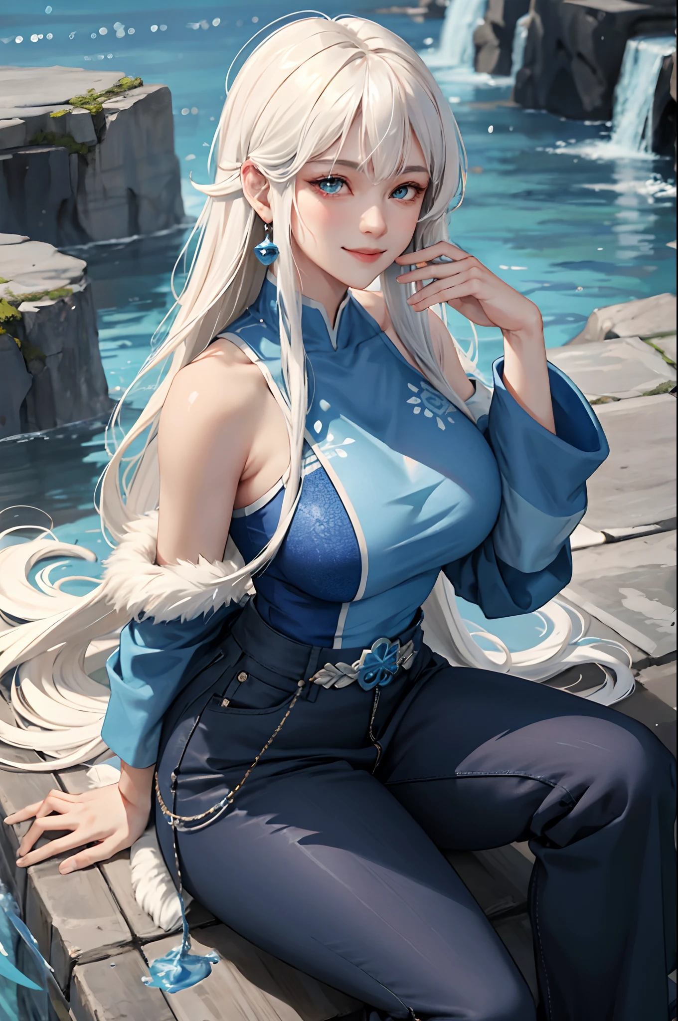 (masterpiece:1.2, best quality), (real picture, intricate details), 1lady, solo, upper body, sitting down, sitting, casual, long hair, minimal makeup, natural fabrics, close-up face, smile, smiling, really long light platinum blonde hair, really long hair, bangs, voluminous hair, green eyes, big breasts, big boobs, big tits, watertribe clothing, blue clothing, pants, top, water tribe pants, water tribe top, Korean bangs, cute bangs, mature face, 1adult, 1 female, 1 woman, (water tribe uniform), Waterbender, blue clothing, clothing with fur, waterbending (Avatar the Last Airbender)