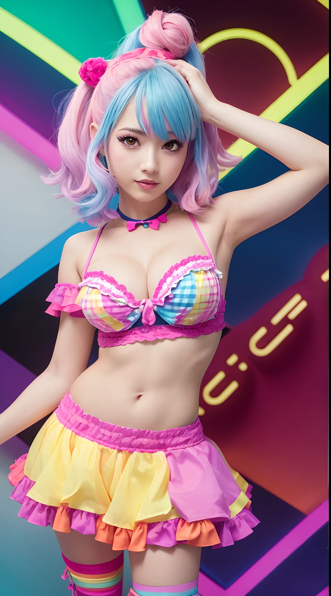 motor irreal:1.4,UHD,La mejor calidad:1.4, fotorrealista:1.4, textura de la piel:1.4, obra maestra:1.8,Chica Alafe posando con un traje colorido para la foto, y 2 k cutecore clowncore, kawaii decora rainbowcore, Kawaii HQ render, chica caramelo,Housewives:1.4,helado:1.4,Decora Inspired, motor irreal : : Maquillaje rave, Chica raver, Chica rave:1.4, (Disfraz rave:1.4), Chica glitchpunk, soda themed girl, Playful and cheerful, Estilo pinup ochentero ,(detallado:1.4),(Kinematic:1.4),(manos Detailed1.4),