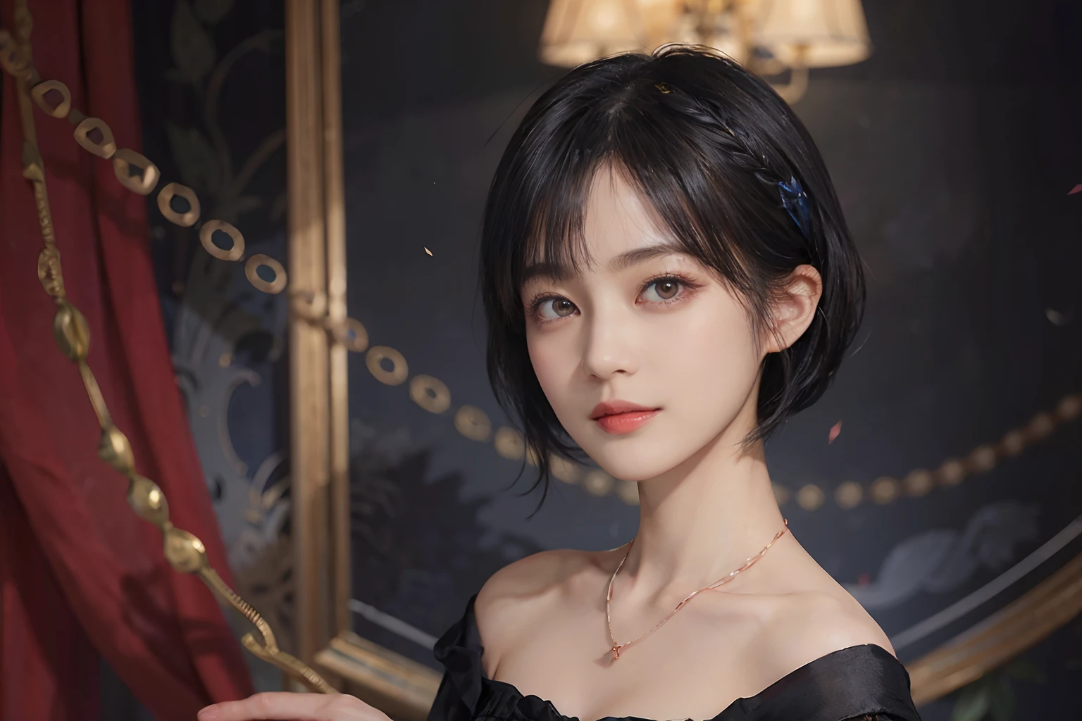 ((1womanl)), (((Black Shorthair))), (masuter piece:1,3)、top-quality、masterpiece、hight resolution、Original、highly detailed wallpaper、dress code、Luxurious necklace, (A slight smil)、a small face、((Breast))、(Red and blue dress)、(Light on Face)、Live-action style, Beautiful facial features, darkened room, ((Hu Dilan))