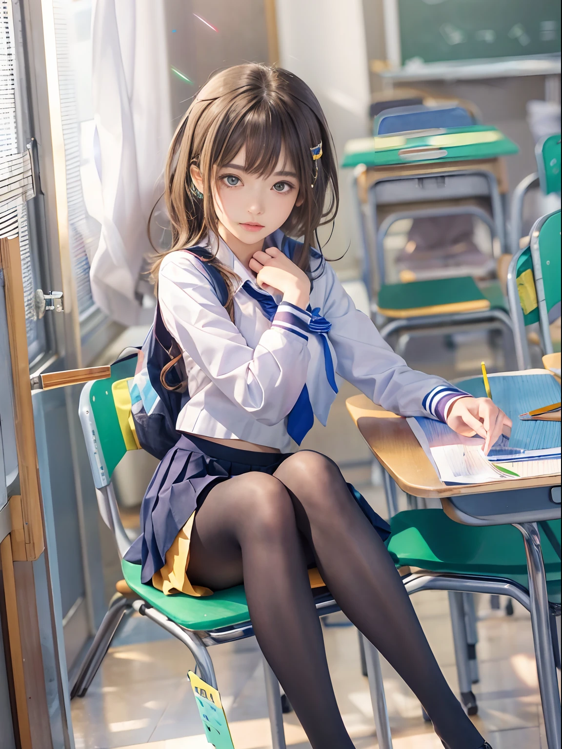 masterpiece, best quality, super detailed, illustration, colorful, falt color, depth of field, lens flare, 1girl, anime, sitting, brunette, looking at viewer, school, classroom, pleated miniskirt, school uniform, serafuku, black Pantyhose, detailed skin texture, detailed cloth texture, beautiful and detailed face,