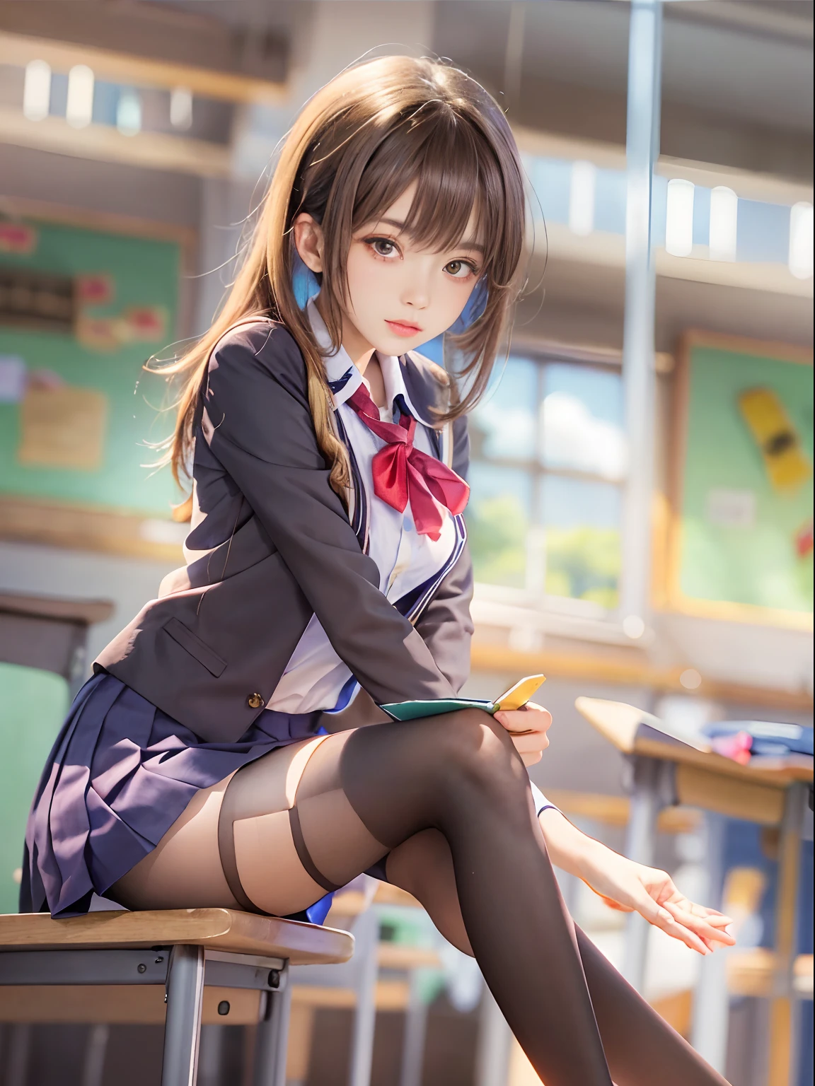 masterpiece, best quality, super detailed, illustration, colorful, falt color, depth of field, lens flare, 1girl, anime, sitting, brunette, looking at viewer, school, classroom, pleated miniskirt, school uniform, serafuku, black Pantyhose, detailed skin texture, detailed cloth texture, beautiful and detailed face,