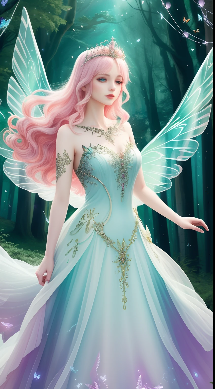 (fantasy girl:1.2), (enchanted forest backdrop:1.3), (flowing gown:1.2), (ethereal wings:1.1), (mystical aura:1.3), (sparkling tiara:1.2), (graceful pose:1.1), (glowing butterflies:1.2), (dreamy atmosphere:1.3), (whimsical creatures:1.2)