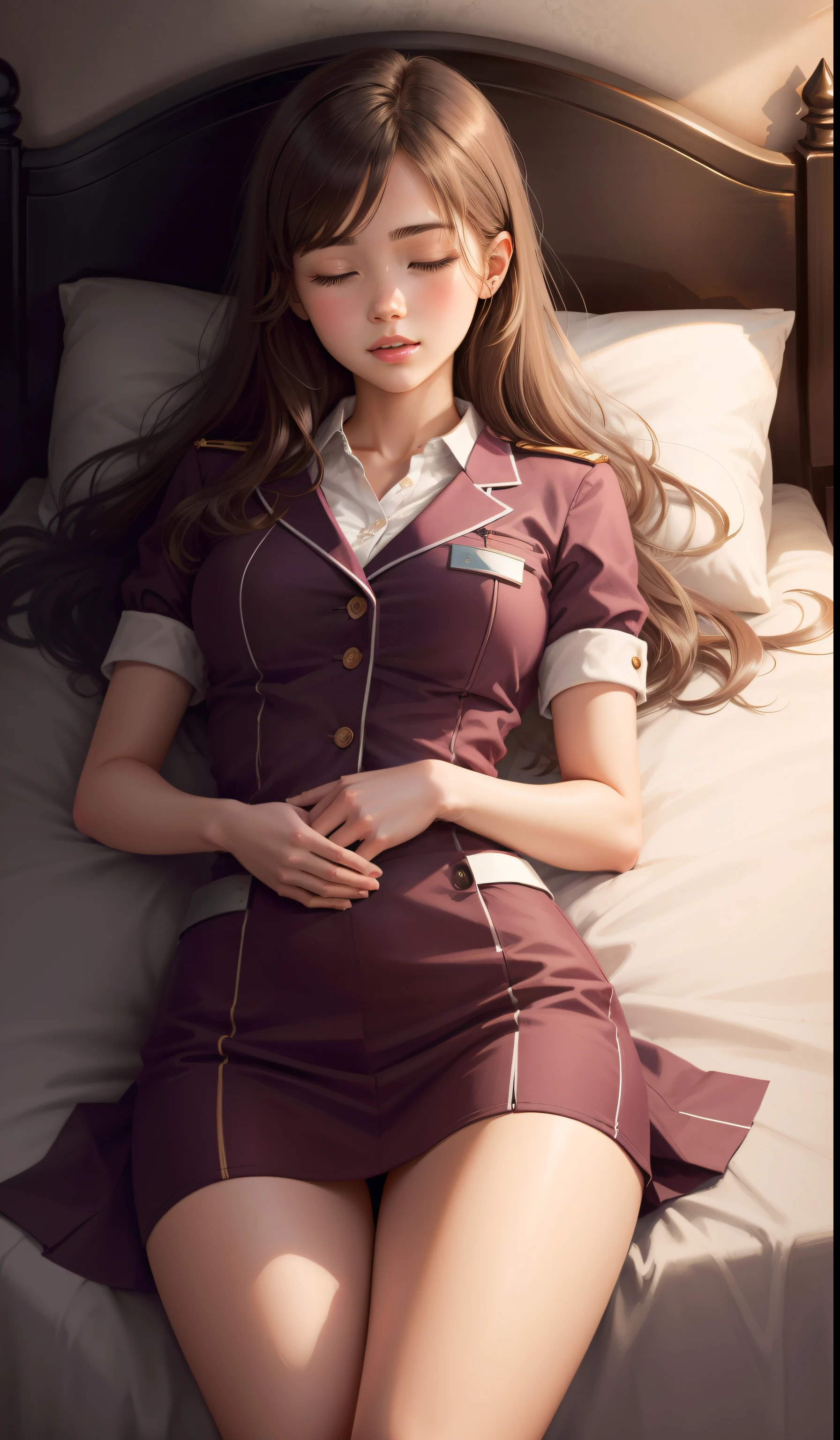 Sleeping Girl, 20 years old, Realistic,Wearing a stewardess uniform,Open legs, Expressions of satisfaction and relief, Brown hair. Pink bed theme and some cute stuffed animals on the bed,An ultra-high picture quality,high-detail,Get up,