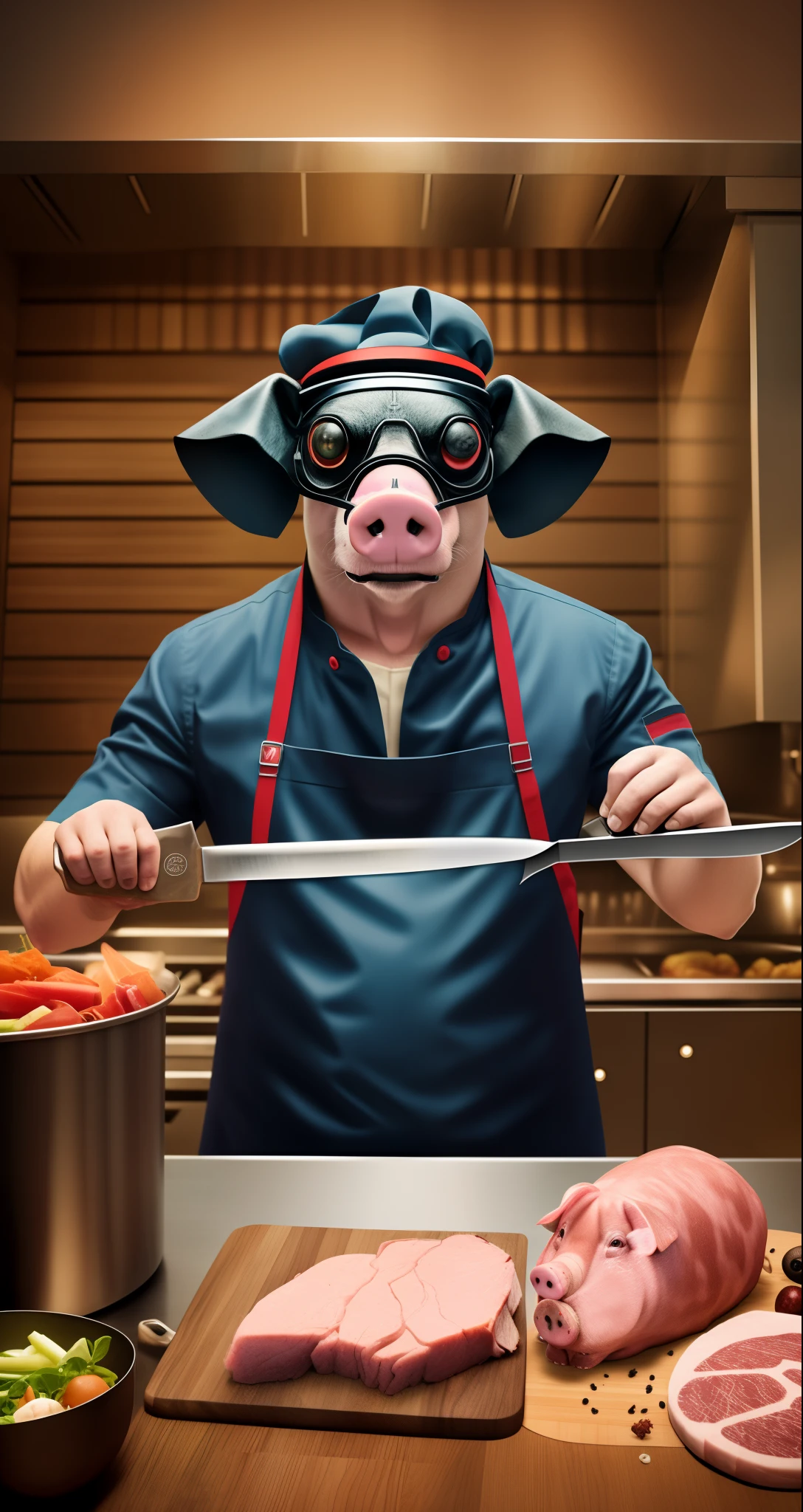 Cyberpunk Pig as a chef with a butcher's knife, QRCODE on the forehead , film still from a horror movie, Dark lighting --auto --s2