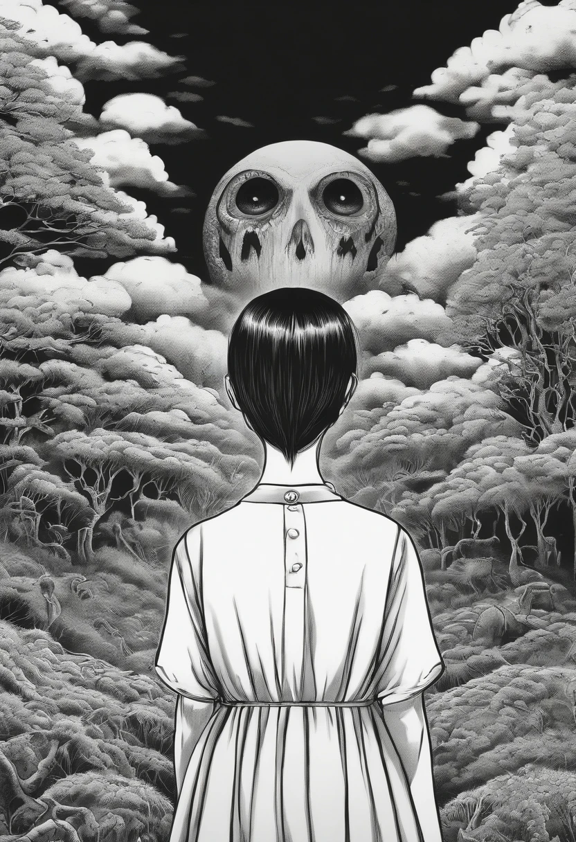 junji ito style, horror manga, black and white, one page manga style layout, no talking bubbles, yokai girl, screaming gils, grotesque, disgusting, bloody, terrifying, dynamic manga layout, horror, Junji Ito
