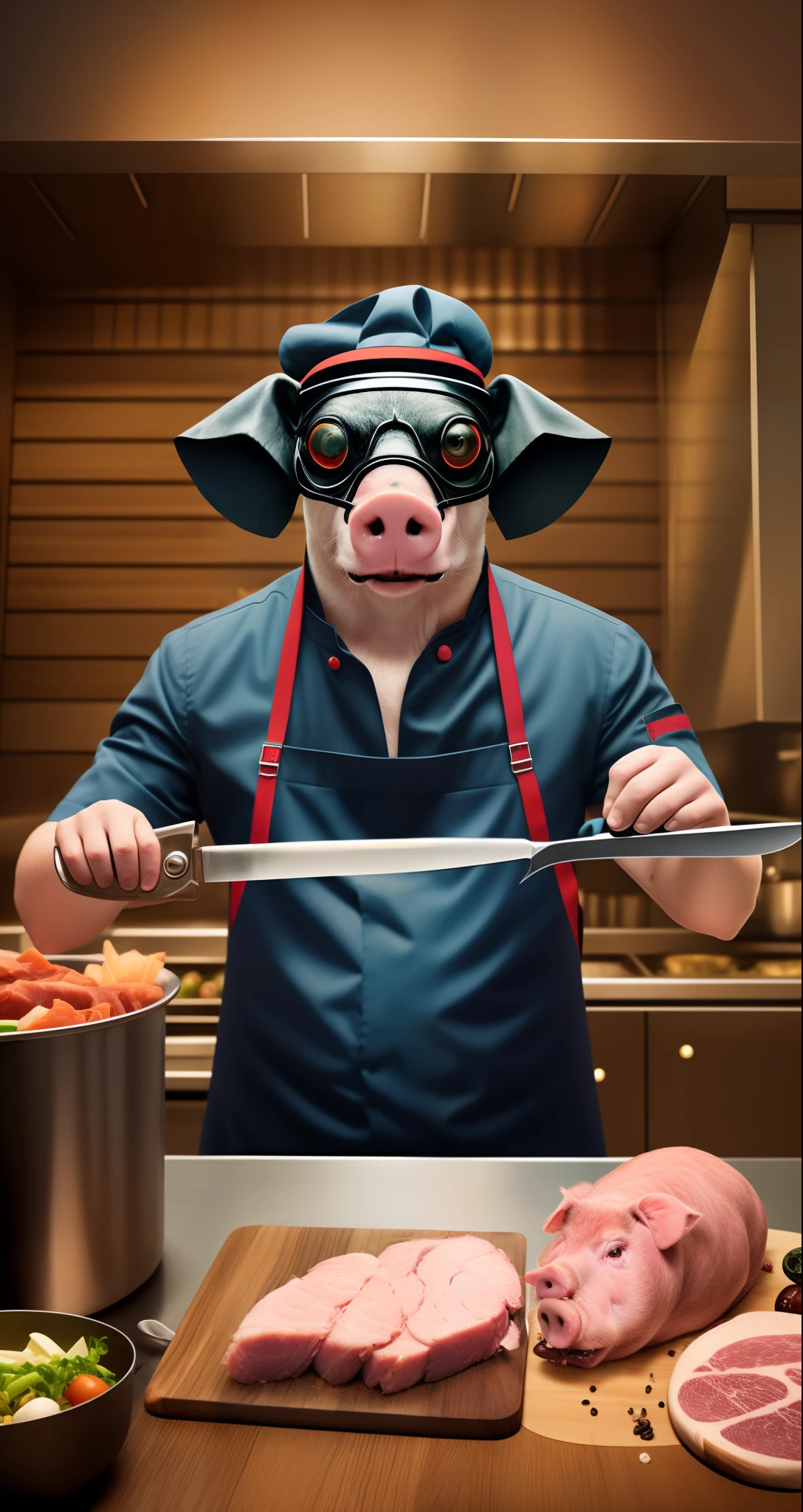 Cyberpunk Pig as a chef with a butcher's knife, QRCODE on the forehead , film still from a horror movie, Dark lighting --auto --s2