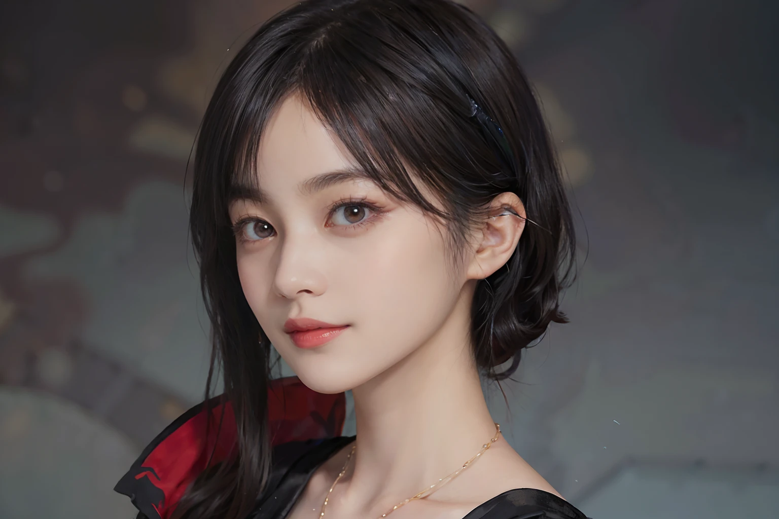 ((1womanl)), (((Black Shorthair))), (masuter piece:1,3)、top-quality、masterpiece、hight resolution、Original、highly detailed wallpaper、dress code、Luxurious necklace, (A slight smil)、a small face、((Breast))、(Red and blue dress)、(Light on Face)、Live-action style, Beautiful facial features, darkened room, ((Hu Dilan))