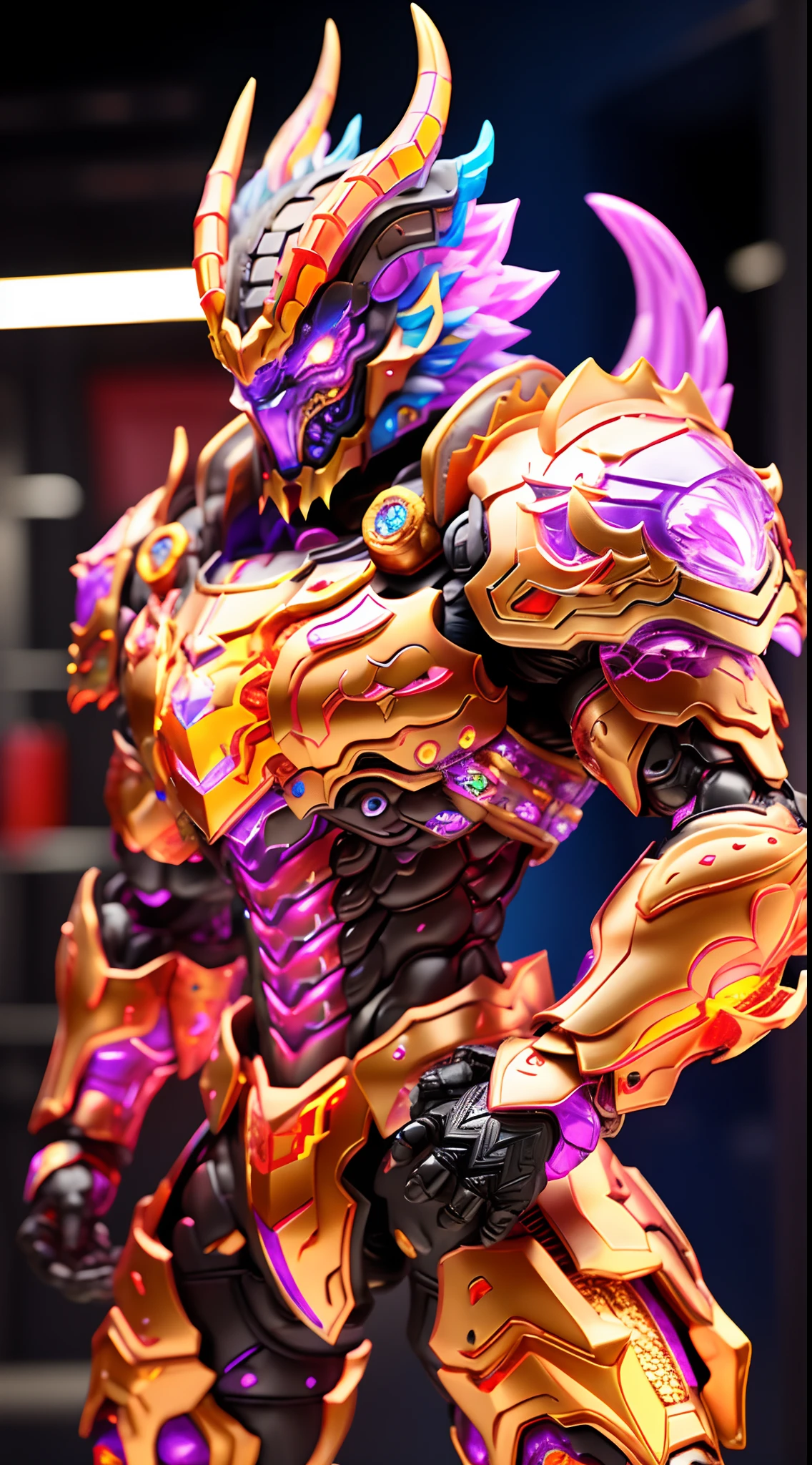 DRAGON KING, RAINBOW COLORED, HETEROCHROMIA EYE, CRYSTAL HEAVY ARMOR, TRANSPARANT, MUSCLE BODY.