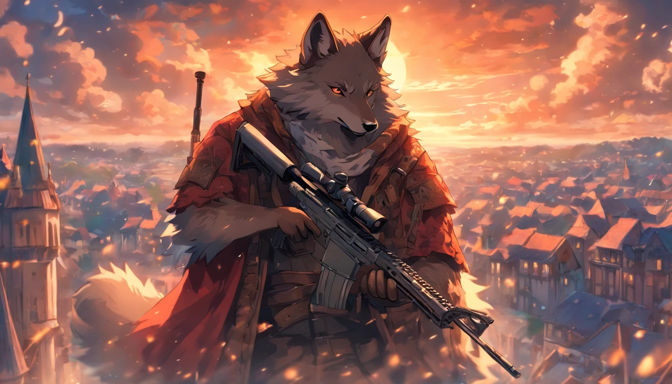 Illustration of a wolf holding or shooting a sniper rifle,Cinematic light and reflection, Surrounded by clouds, Buildings in medieval Europe, glazed tiles,