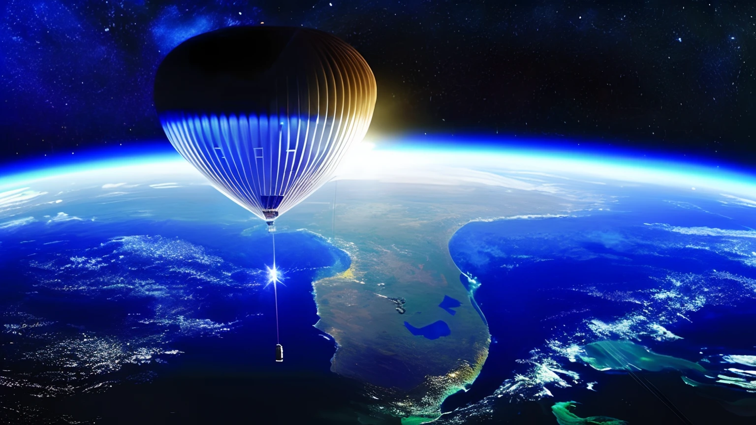 A balloon flying over the earth with a bright light shining on it, turismo espacial, It would take place in space, Sobre la tierra, Vista desde el espacio, Turismo espacial de la NASA, Travis Scott volando sobre la Tierra, Ascensor espacial, Con la Tierra de fondo, Volar en el espacio, viaje espacial, Sobre la Tierra, Like a hot air balloon, Looming over Earth in space