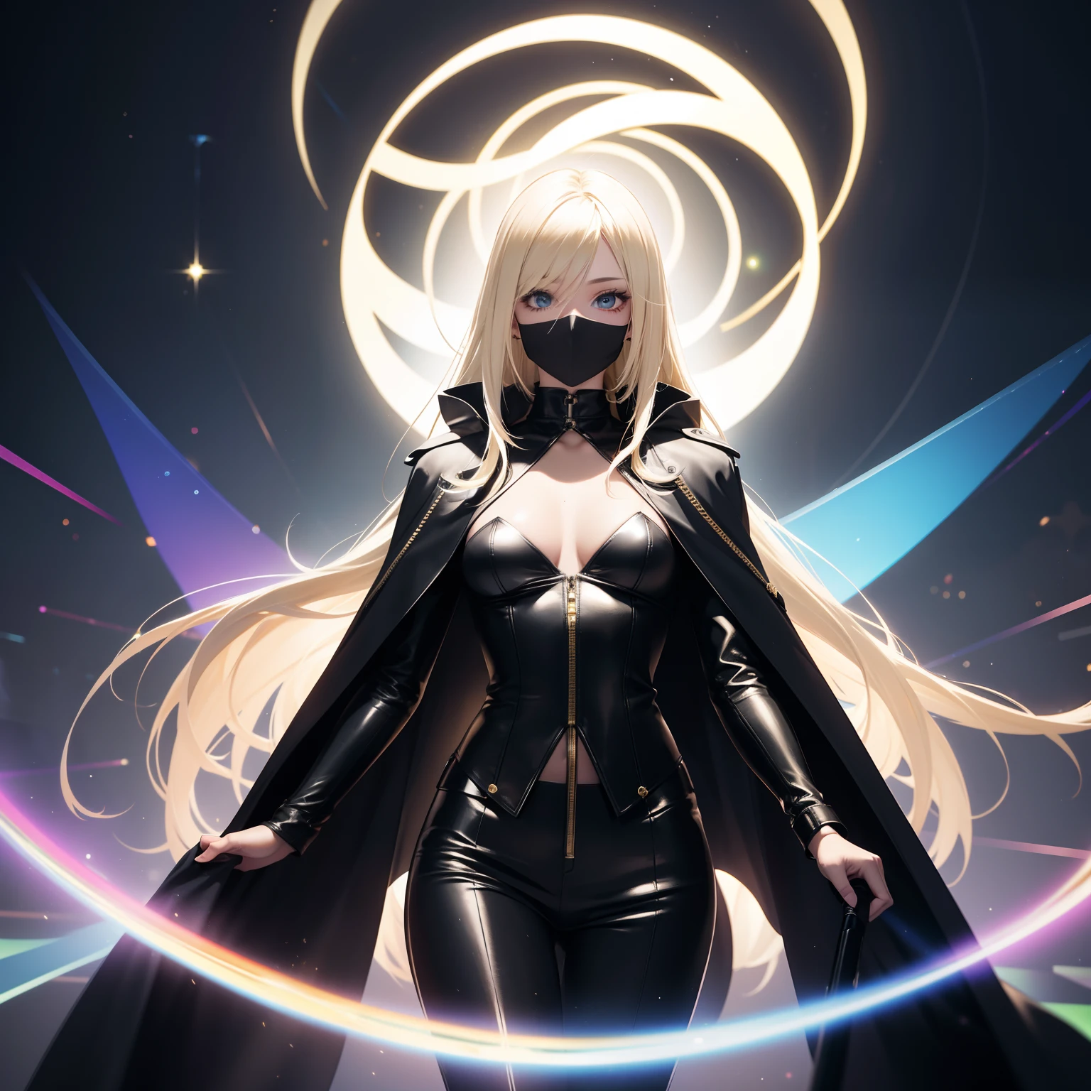 super high image, super detail, super high resolution, portrait, beautiful and stylish light blonde hair woman, wearing a mask, black leather long coat no shirt, black leather slim pants, black engineer boots, grim reaper's scythe, holofilm, translucent, iridescent, background fantasy, galaxy, magic circle, kaleidoscope, give off rainbow and gold neon light many lines radially from floor and ceiling, professional lighting