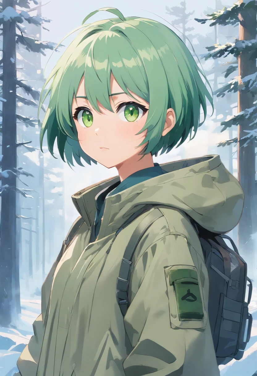 (Masterpiece, best quality), (((1 boy))), 14 years old, face slits, quality face, detailed face, (green hair), (((bob hairstyle))), ((light green eyes) ), (introvert), ((fear on face)), ((crybaby))), ((scared)), crazy, gasps, (detailed eyes), ((covers part of face with palm)), (gray winter camouflage), dirty old clothes, ((gray and white military camouflage)), ((torn clothes)), there is a rare winter spruce forest in the background, ((white winter forest)), gray weather, high quality