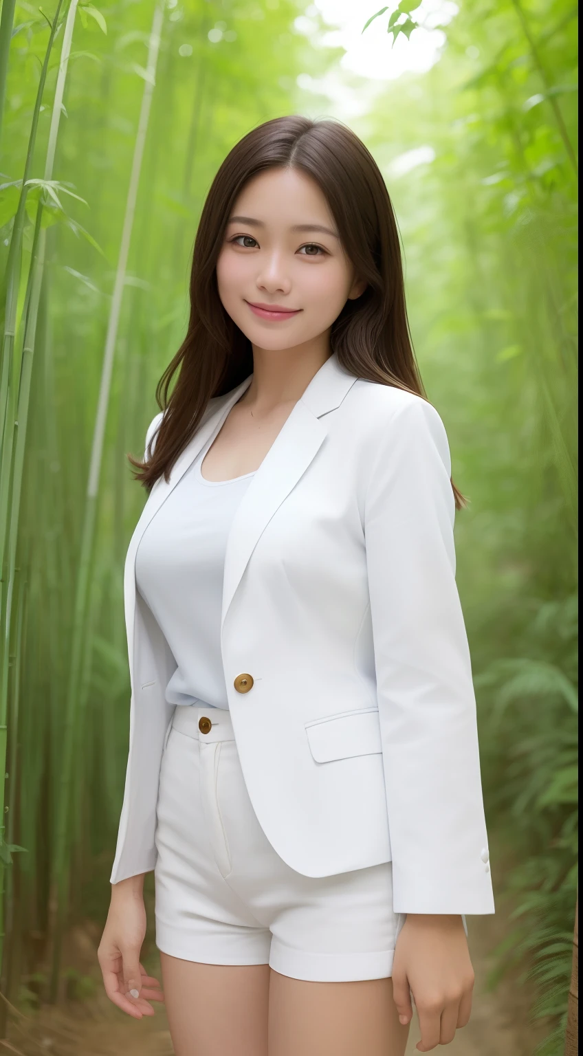 A smiling girl,While wearing a white Business suits,Super short blue denim shorts,Standing in a bamboo forest,com rosto detalhado,The eyes are delicate,The photo quality is the best,Realistic image quality,Background diffuse lighting,Depth of field display。