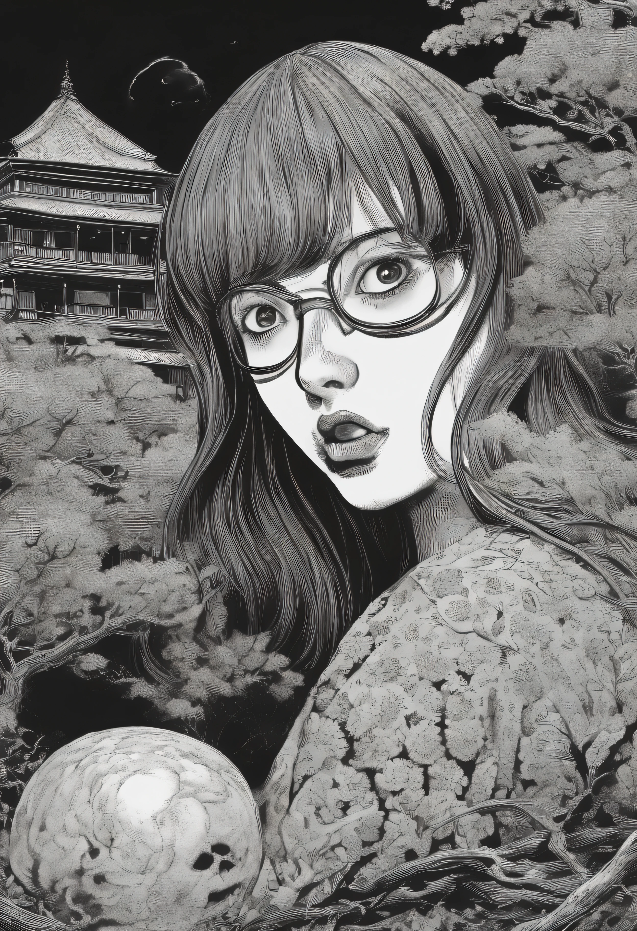 junji ito style, horror manga, black and white, one page manga style layout, no talking bubbles, yokai girl, screaming gils, grotesque, disgusting, bloody, terrifying, dynamic manga layout, horror, Junji Ito