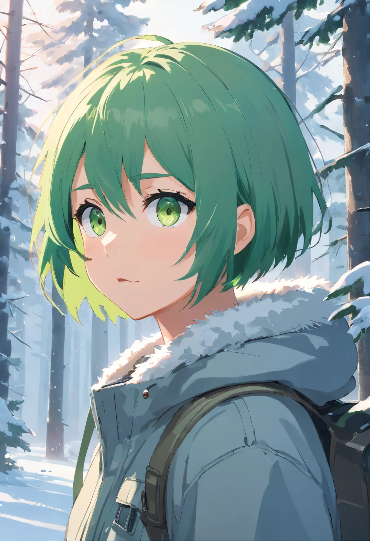 (Masterpiece, best quality), (((1 boy))), , face slits, quality face, detailed face, (green hair), (((bob hairstyle))), ((light green eyes) ), (introvert), ((fear on face)), ((crybaby))), ((scared)), crazy, gasps, (detailed eyes), ((covers part of face with palm)), (gray winter camouflage), dirty old clothes, ((gray and white military camouflage)), ((torn clothes)), there is a rare winter spruce forest in the background, ((white winter forest)), gray weather, high quality