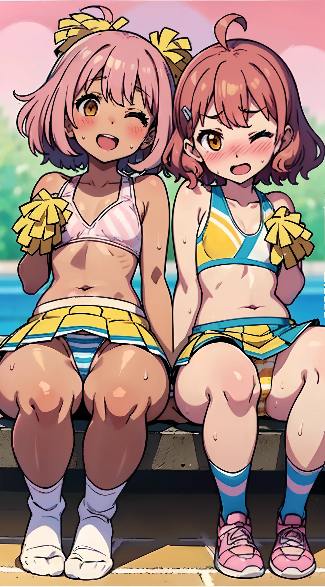 (Perfect body),Best Quality,16 K,(Official art)、((((Brown skin))))、(((((Lori)))))、(((((blush))))),(:d)、(One eye is closed)、embarrassed from,(Short hair), (((Orange Eyes))),((((Pink hair)))),(Sweat),(((small tits))),((((Wavy Hair)))),Ahoge,hair clips,(white knee-socks),(((Big ass))),((cheerleaders))、((Holding a yellow pom-pom in both hands))、(((Light blue striped panties)))、(((Yellow Mini Skirt)))、(((((Panchira)))))、(flat chest)、(((thick thighs)))、(((((spreading legs)))))、(((((short in stature)))))、in poolside、