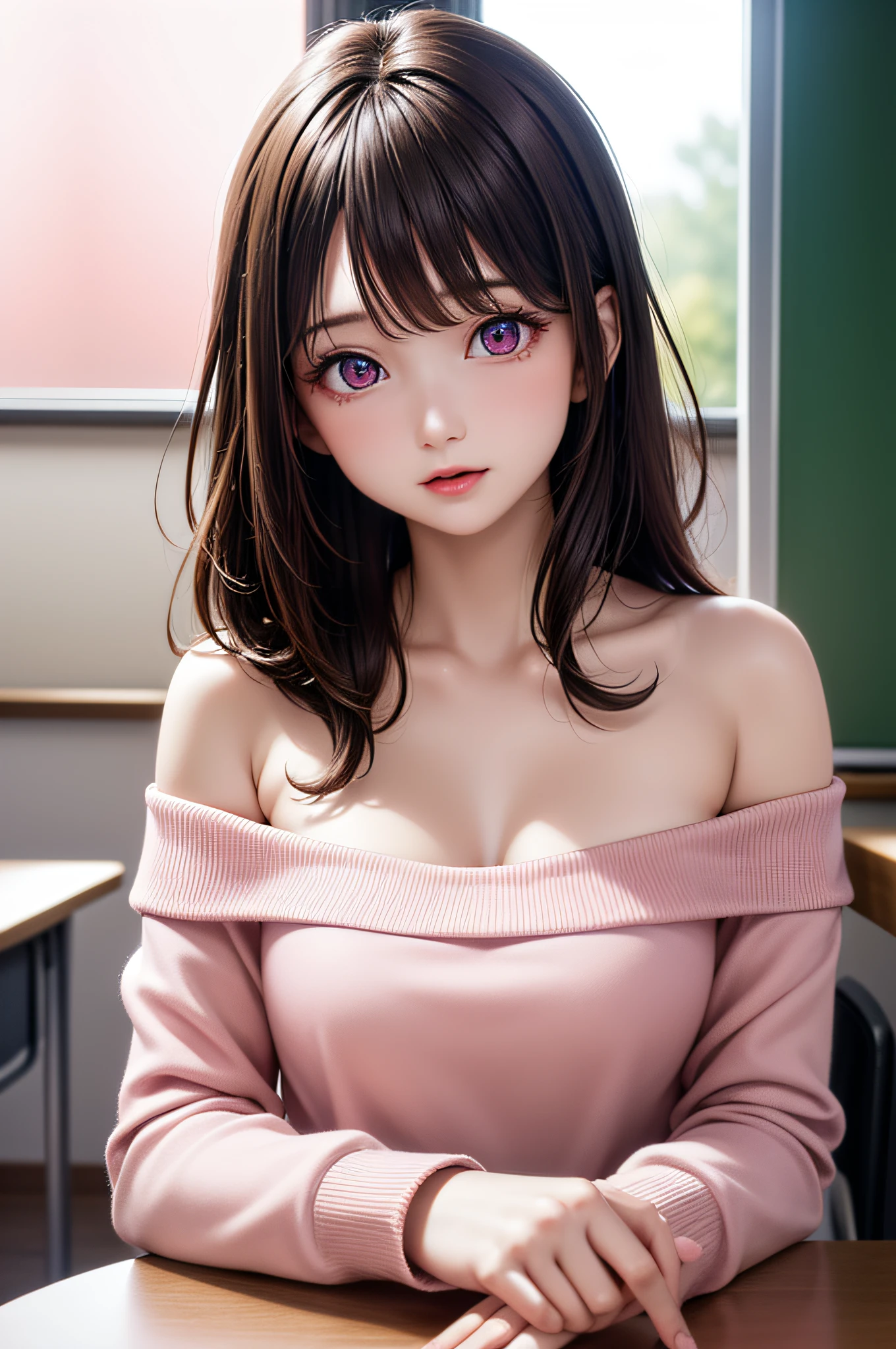 ((1girl in)), ((Best Quality)), (Ultra-detailed), (extremely detailed CG unified 8k wallpaper), Highly detailed, High-definition raw color photos, Professional Photography, Brown hair, Amazing face and eyes, Pink eyes, (amazingly beautiful girl), School, classroom, off shoulder,
