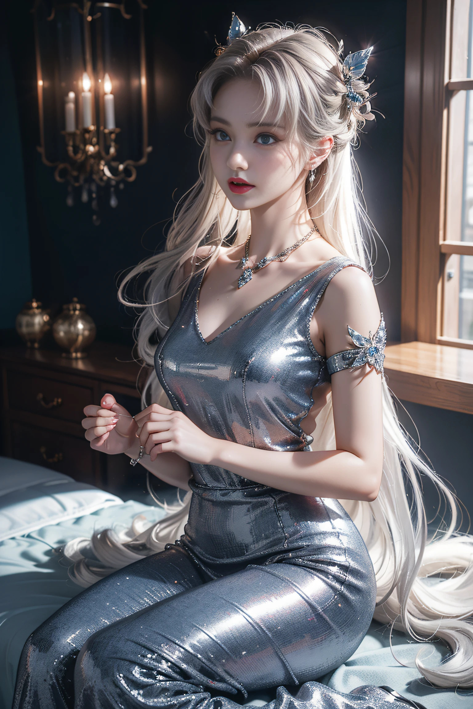 Top quality work,Photorealistic works,Ultra Premium Graphics,8K HD CG works,High-quality graphics,High-definition fine CG works,10x pixel,Ultra-fine details:1.1,Advanced technical details:1.1Photographically realistic,Indoor lighting effects:1.5,Natural light:1.5. light effect(Virtual Light Effects:1.8),超A high resolution,Shiny Blue Dress,Long silver hair,Silver hair,Transparent hair,High Detail Hair(Premium Hair Detail:1.1)Clear eyes,Good looking double eyelids,Sharp eye makeup, Delicate makeup for eyelashes, Thin eyebrows, ultradetailed eyes,High Nose, lovely red lips, Rose cheeks, Face with delicate makeup , Pretty Face, A perfectly proportioned face,(Advanced facial details:1.1)Collection of shiny blue luxury dresses,Blue Sequin Dresses,Sequin coat,shiny,Tight long skirt,Summer Sexy Hip Wrap Fishtail Sleeveless Commuter Maxi,Horse Stockings 100%Oil Gloss Panst Gloss Silk Luster 8D Black Silk Woman,stiletto heels,mitts,Beautiful long dresses,wonderful dress,Bright Red Series,Haute Couture Dresses Collection,Dress Photography,Authentic dress works,In the banquet hall,Women's Artwork,full-body view,Goddess of Dress,真实感,amazing,Today's eyes are bright