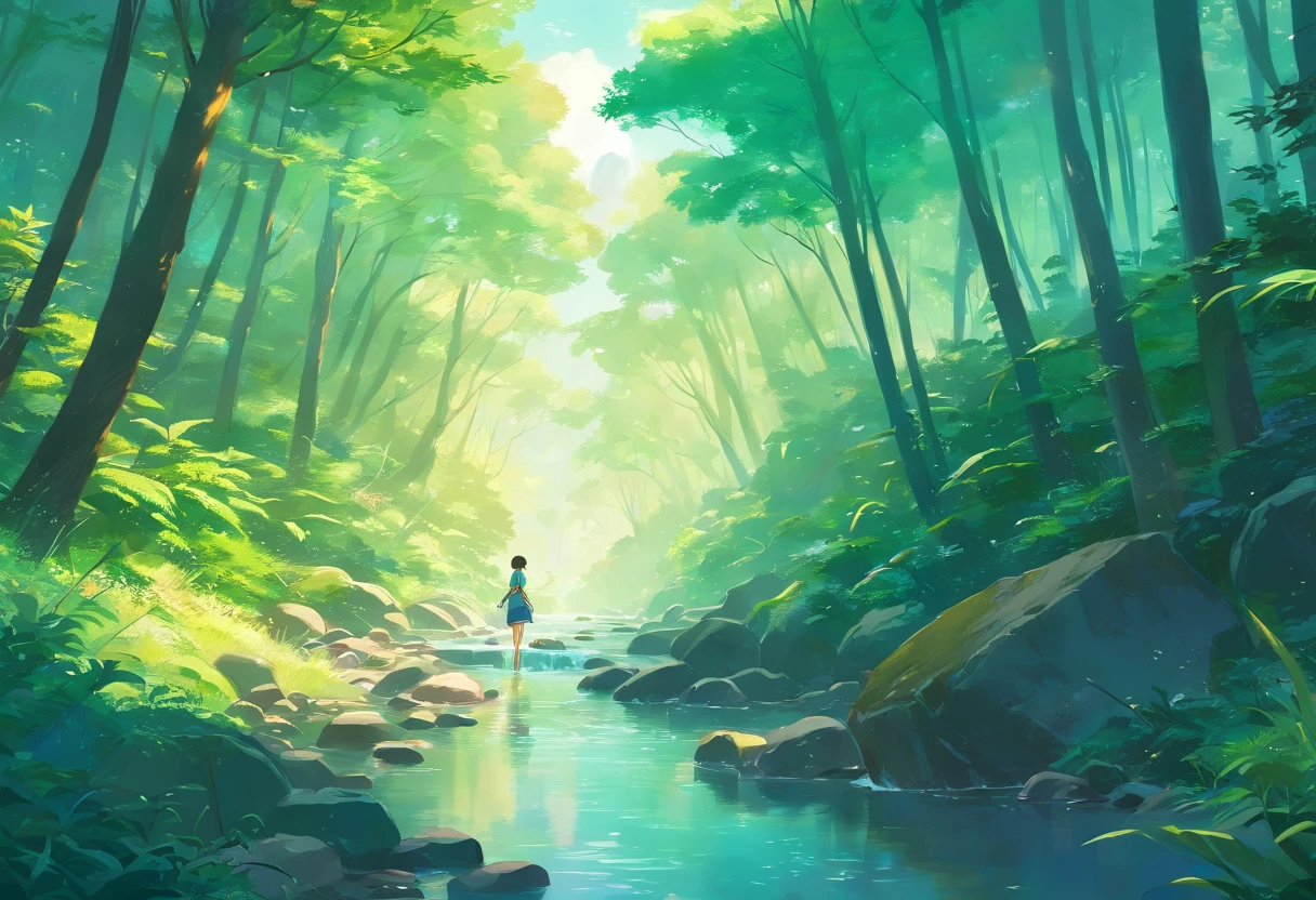 Close-up of a stream flowing through lush forest, by Ross Tran. scenic background, ryan dyar, Environmental painting, beautiful oil matte painting, photorealistic landscape, 4k HD Matte Digital Paintings, 8 k resolution digital painting, 8k resolution digital painting, surreal landscape, inspired by Raphael Lacoste, Illustration Matte Painting, beautiful digital painting