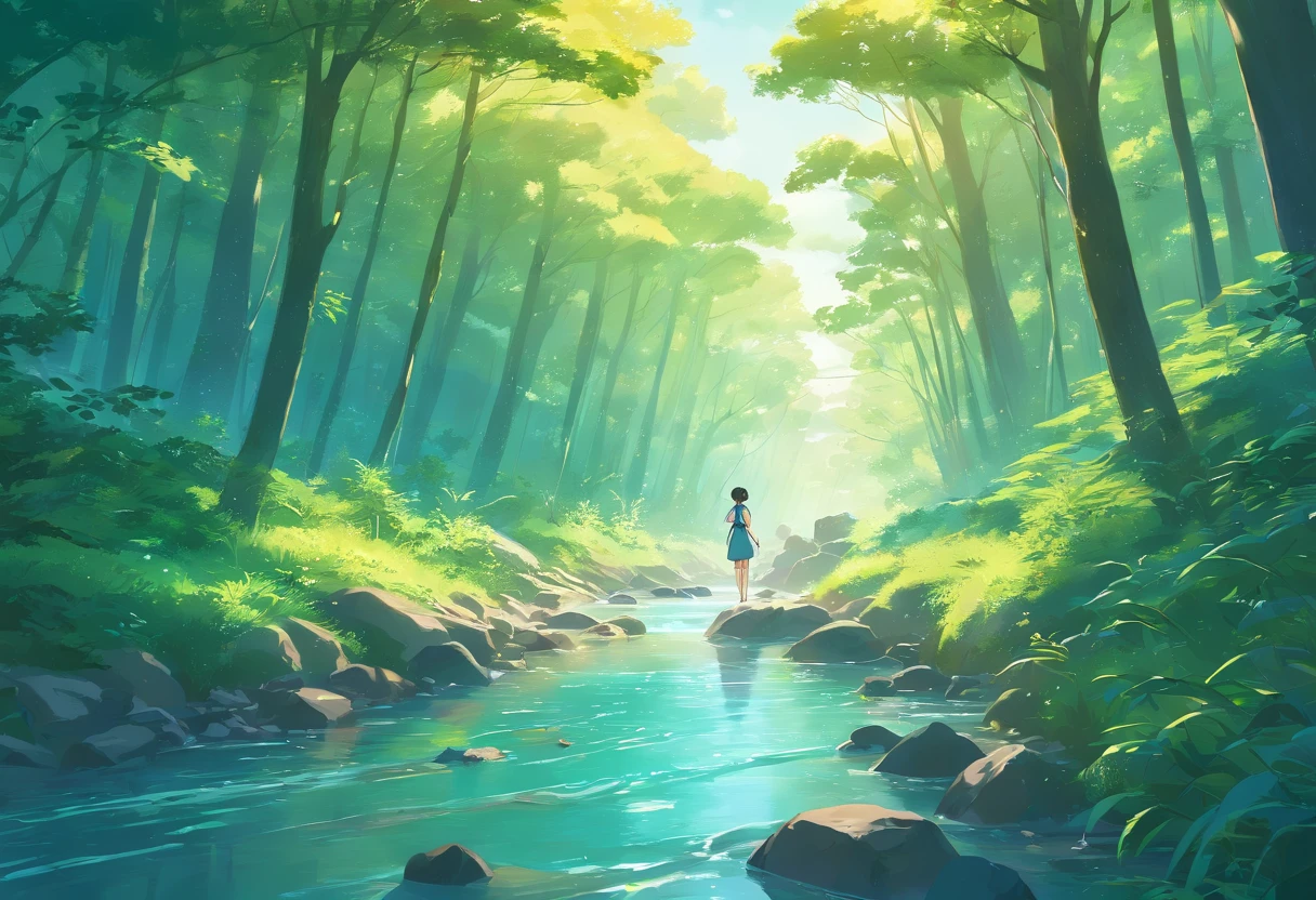 Close-up of a stream flowing through lush forest, by Ross Tran. scenic background, ryan dyar, Environmental painting, beautiful oil matte painting, photorealistic landscape, 4k HD Matte Digital Paintings, 8 k resolution digital painting, 8k resolution digital painting, surreal landscape, inspired by Raphael Lacoste, Illustration Matte Painting, beautiful digital painting